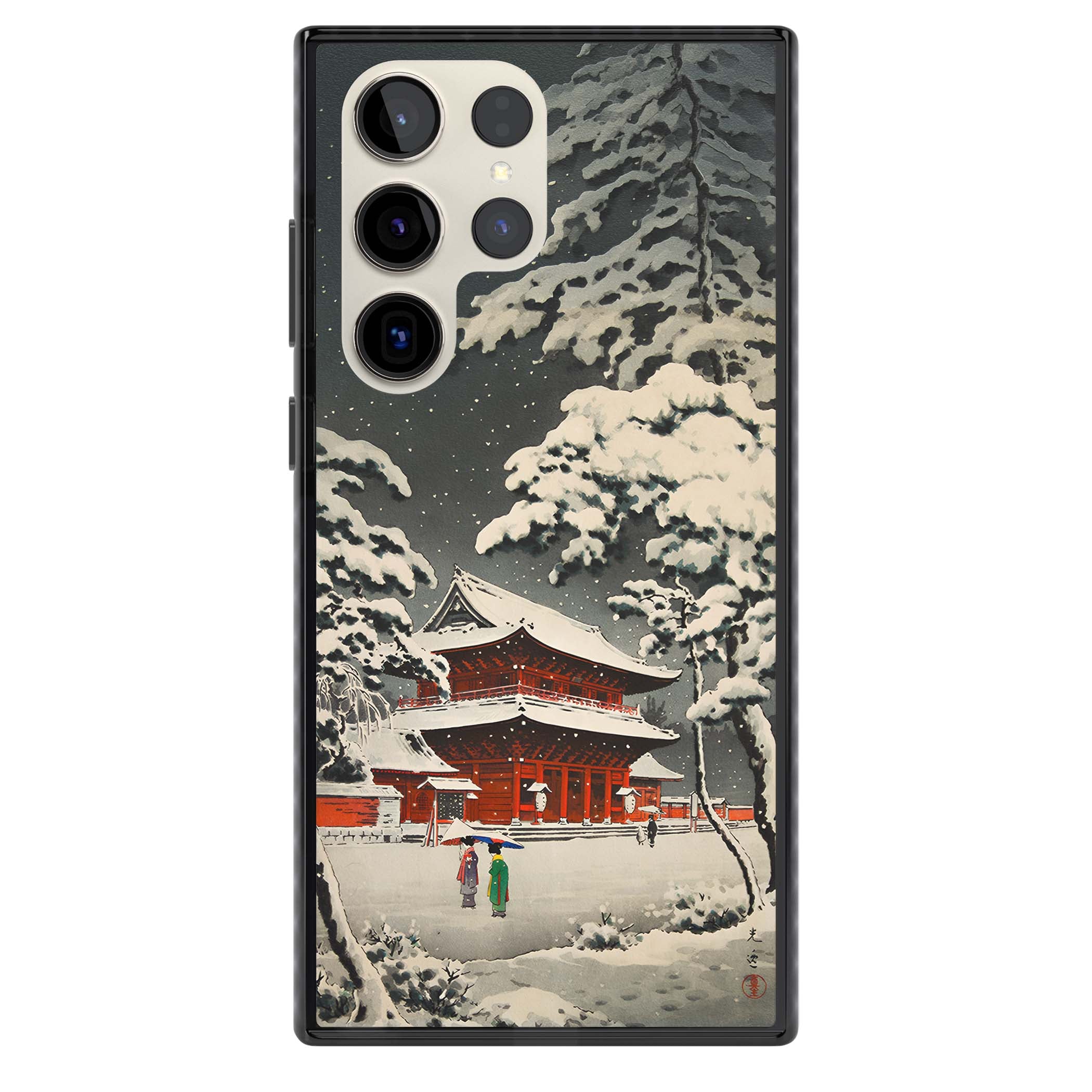 Snow at Shiha Park, Tokyo Japanese art iPhone case featuring a vintage ukiyo-e snowy temple, red pagoda, and snow-covered pin | Black Impact case for Samsung Galaxy S24 Ultra, Samsung Galaxy S23 Ultra, Samsung Galaxy S22 Ultra