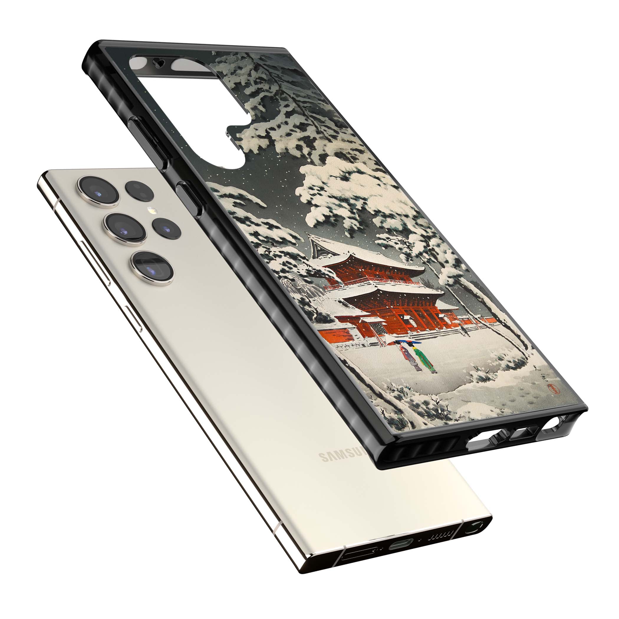 Snow at Shiha Park, Tokyo Japanese art iPhone case featuring a vintage ukiyo-e snowy temple, red pagoda, and snow-covered pin | Black Impact case for Samsung Galaxy S24 Ultra, Samsung Galaxy S23 Ultra, Samsung Galaxy S22 Ultra