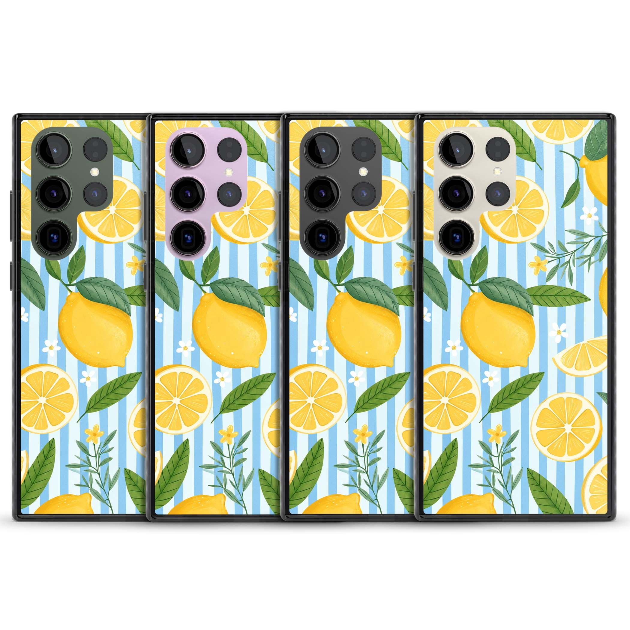 Capri Citrus Stripe coastal iPhone case featuring yellow lemons, blue stripes, and white daisy blossoms | Black Impact case for Samsung Galaxy S24 Ultra, Samsung Galaxy S23 Ultra, Samsung Galaxy S22 Ultra