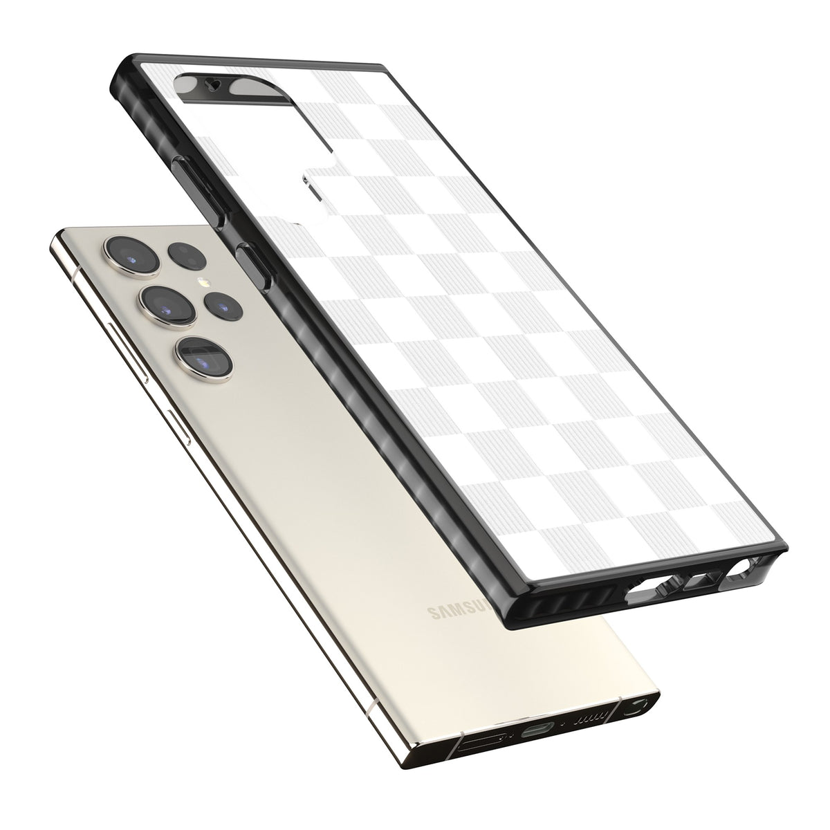 White Checkered Samsung S22 Ultra / Samsung S23 Ultra / Samsung S24 Ultra Impact Black Phone Case angled
