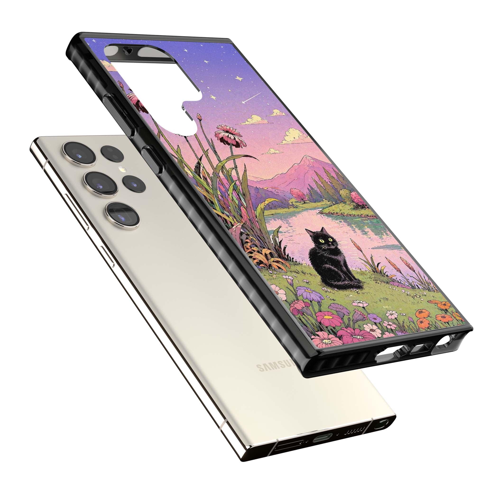 Mystic Whiskers ghibli iPhone case featuring a black cat by a pastel lake, wildflowers and a starry sunset sky | Black Impact case for Samsung Galaxy S24 Ultra, Samsung Galaxy S23 Ultra, Samsung Galaxy S22 Ultra