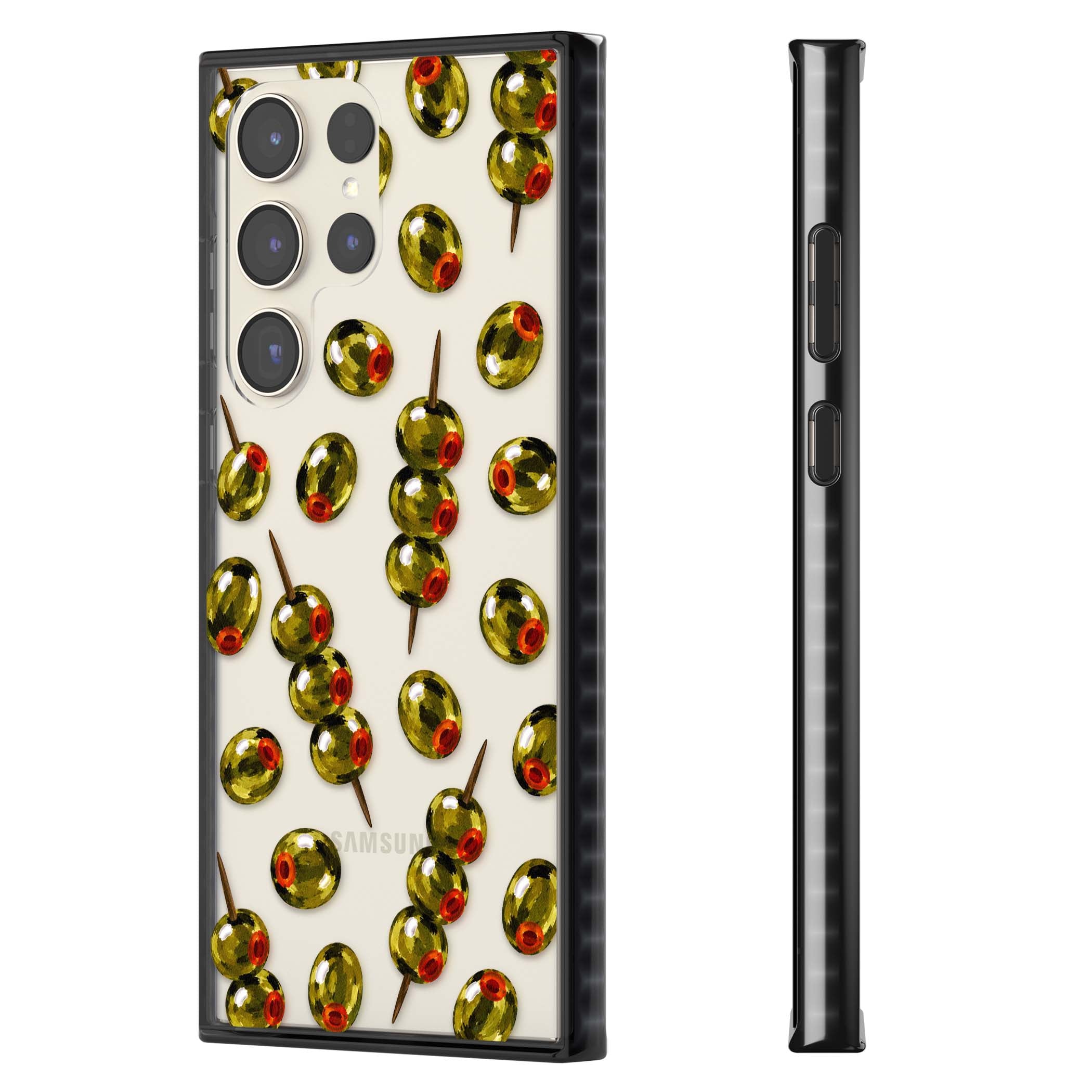 Painted Olives cocktail iPhone case featuring green olives, pimento centres and toothpick skewers on a clear background | Black Impact case for Samsung Galaxy S24 Ultra, Samsung Galaxy S23 Ultra, Samsung Galaxy S22 Ultra