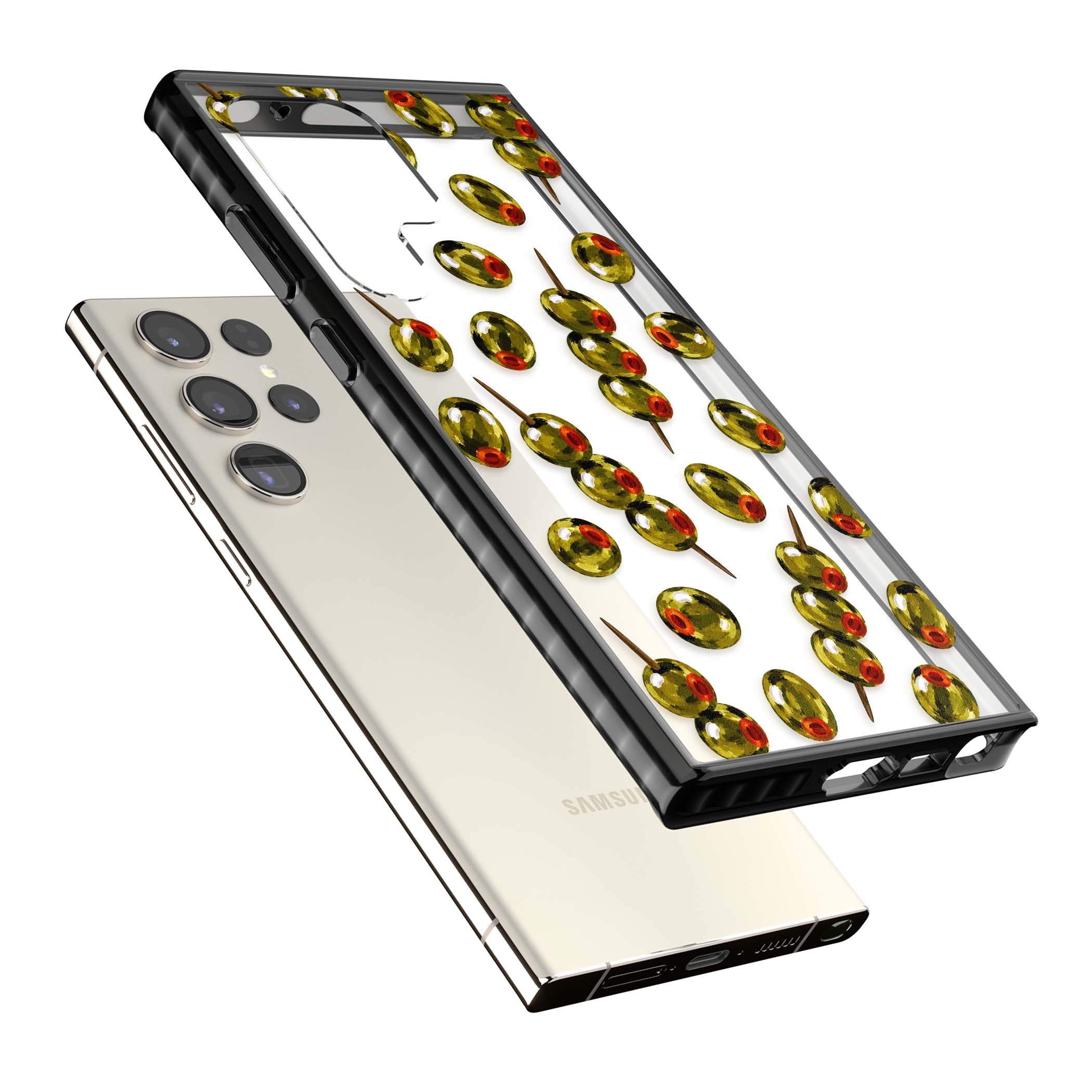 Painted Olives cocktail iPhone case featuring green olives, pimento centres and toothpick skewers on a clear background | Black Impact case for Samsung Galaxy S24 Ultra, Samsung Galaxy S23 Ultra, Samsung Galaxy S22 Ultra