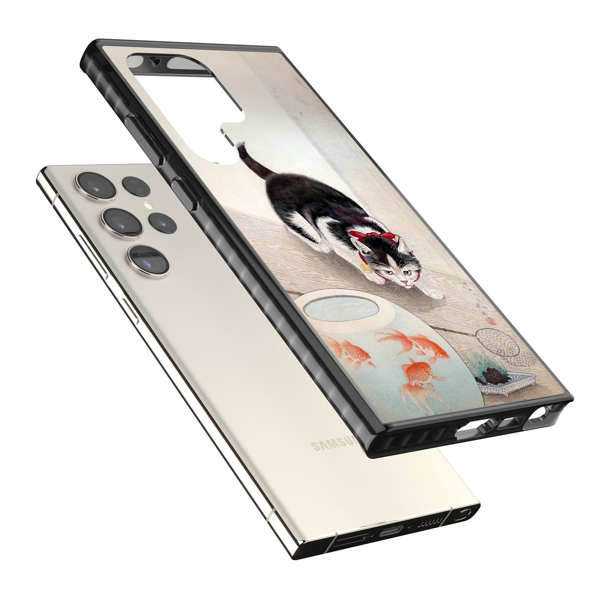 Cat & Goldfish Bowl Samsung S22 Ultra / Samsung S23 Ultra / Samsung S24 Ultra Impact Black Phone Case angled