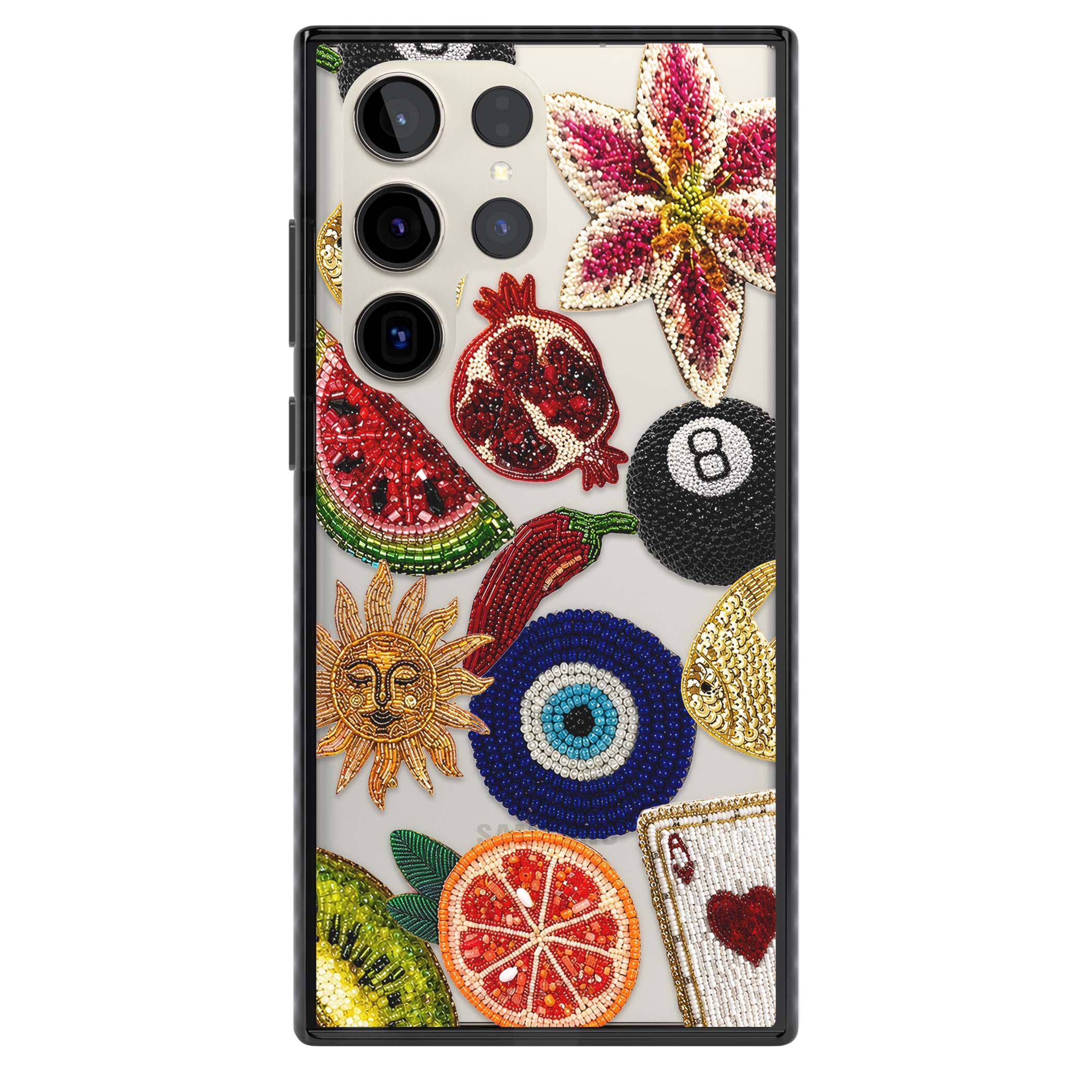 Beaded Charms embroidery iPhone case featuring beaded evil eye, fruit patches and a golden sun motif | Black Impact case for Samsung Galaxy S24 Ultra, Samsung Galaxy S23 Ultra, Samsung Galaxy S22 Ultra