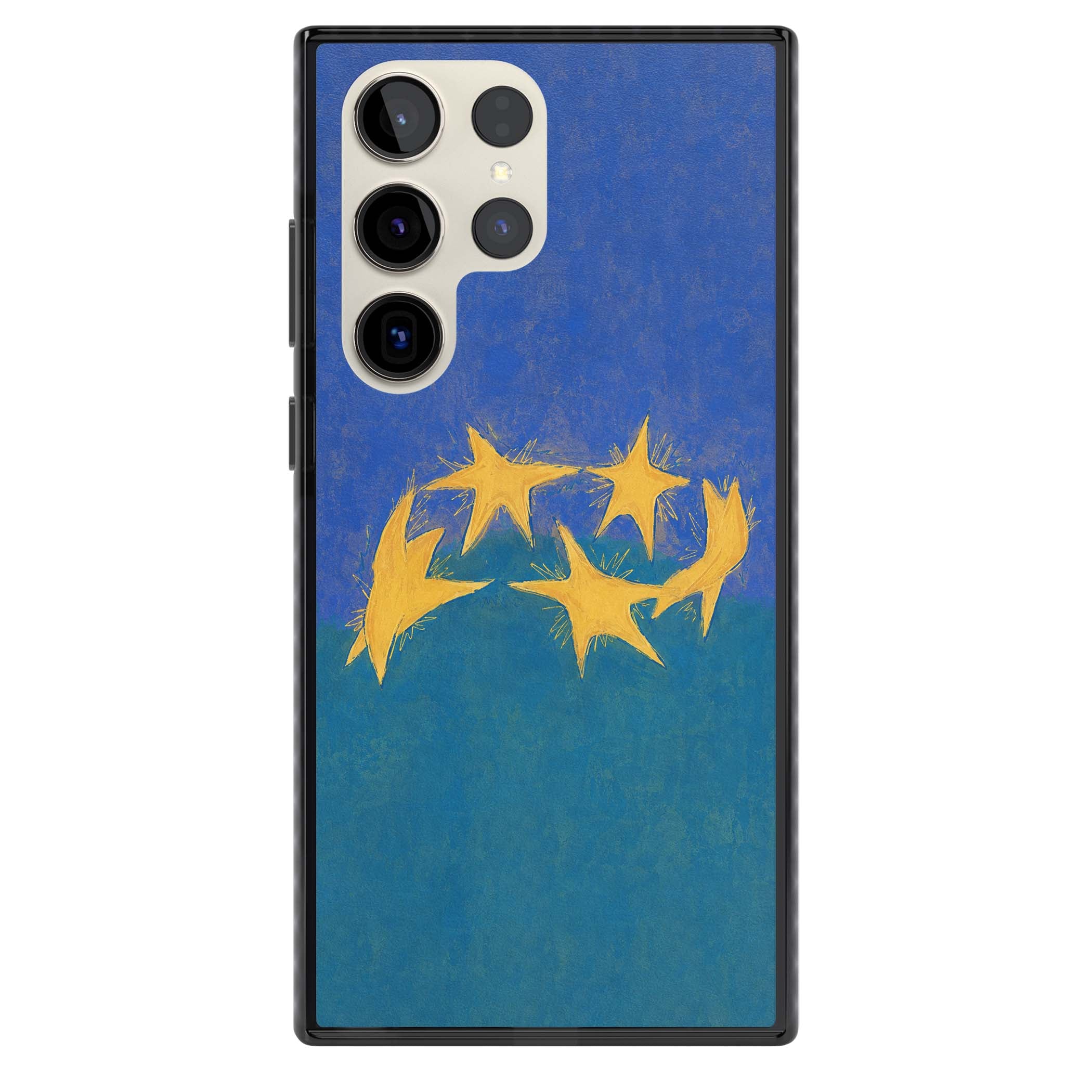 Star Boogie stars aesthetic iPhone case featuring five yellow hand-painted stars on cobalt blue and teal | Black Impact case for Samsung Galaxy S24 Ultra, Samsung Galaxy S23 Ultra, Samsung Galaxy S22 Ultra