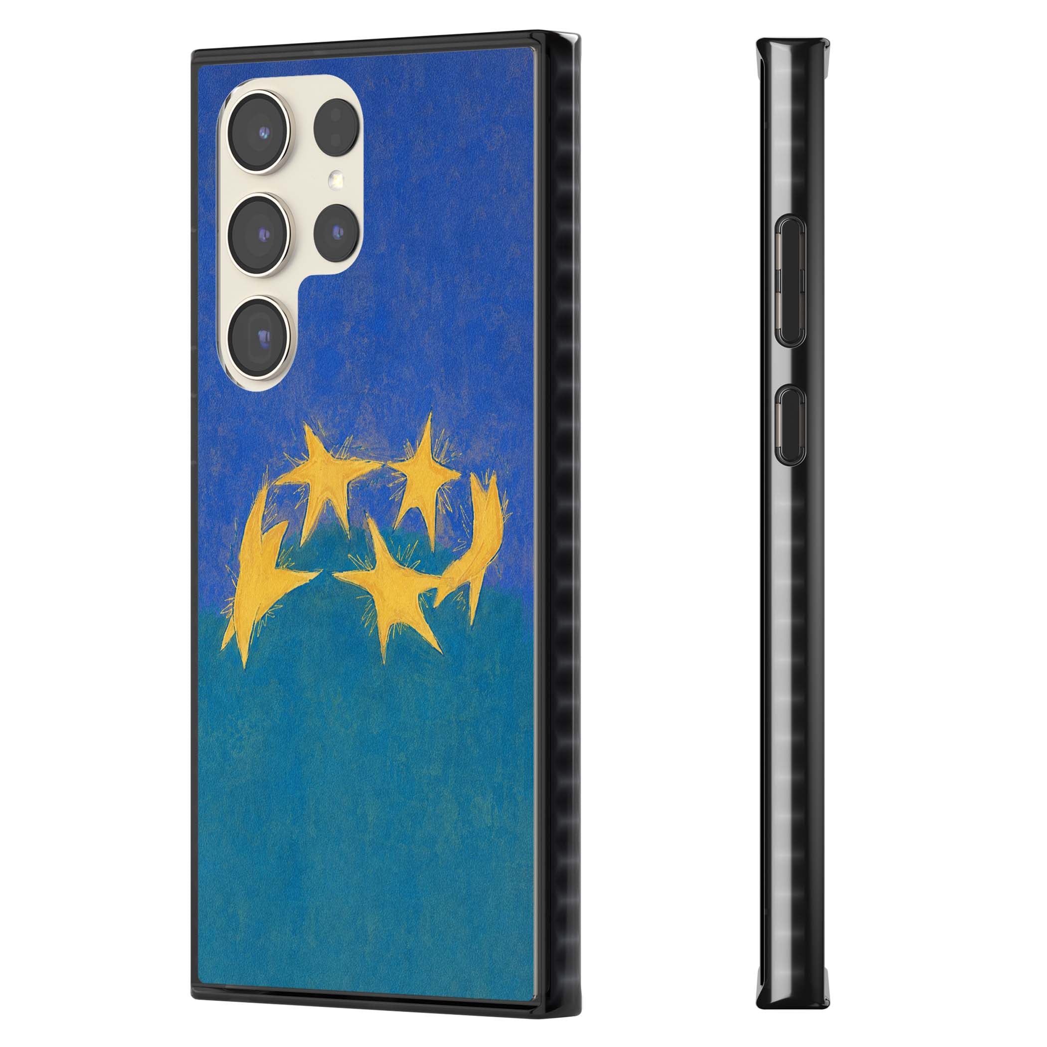 Star Boogie stars aesthetic iPhone case featuring five yellow hand-painted stars on cobalt blue and teal | Black Impact case for Samsung Galaxy S24 Ultra, Samsung Galaxy S23 Ultra, Samsung Galaxy S22 Ultra