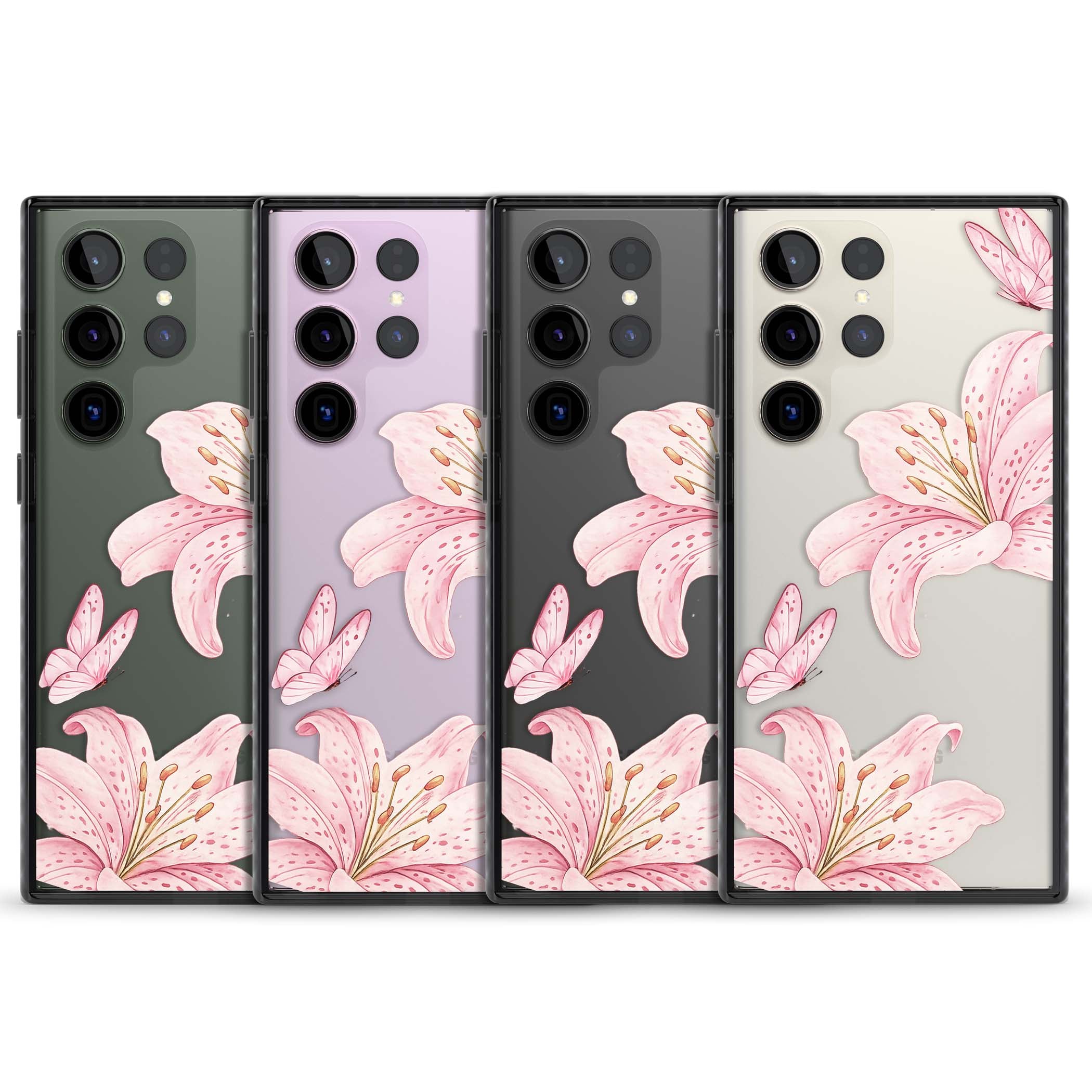 Lily Whisper floral iPhone case featuring pink watercolour lilies and delicate butterflies on a clear background | Black Impact case for Samsung Galaxy S24 Ultra, Samsung Galaxy S23 Ultra, Samsung Galaxy S22 Ultra