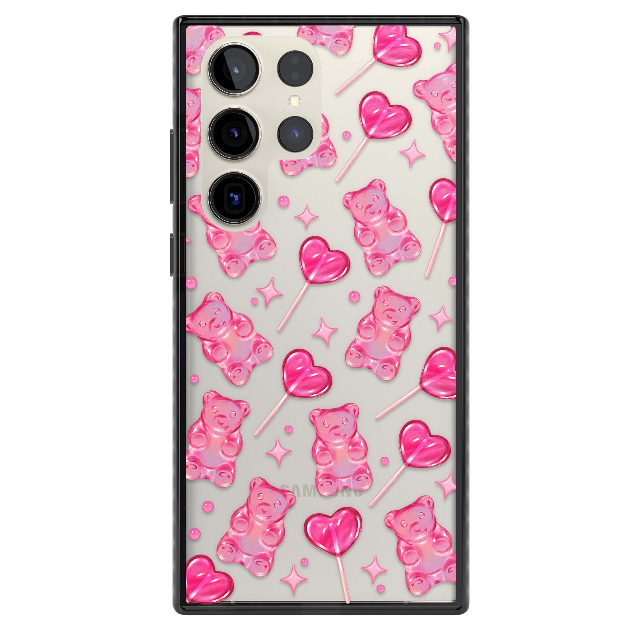 Pink Sugar pinkcore iPhone case featuring pink gummy bears, heart-shaped lollipops and sparkle stars | Black Impact case for Samsung Galaxy S24 Ultra, Samsung Galaxy S23 Ultra, Samsung Galaxy S22 Ultra