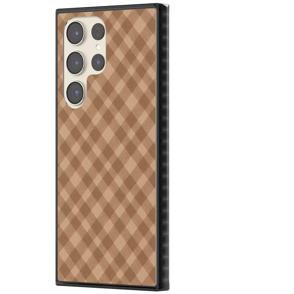 Beige Gingham cottagecore iPhone case featuring diagonal brown gingham checks in soft beige and toffee tones Samsung S22 Ultra / Samsung S23 Ultra / Samsung S24 Ultra Impact Black Phone Case side