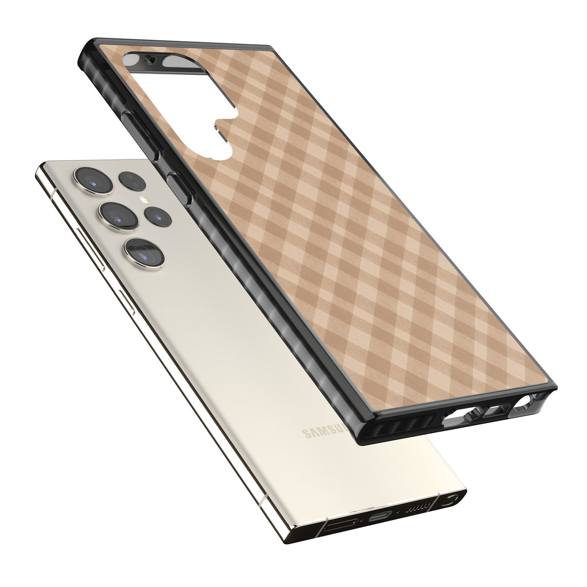 Beige Gingham cottagecore iPhone case featuring diagonal brown gingham checks in soft beige and toffee tones Samsung S22 Ultra / Samsung S23 Ultra / Samsung S24 Ultra Impact Black Phone Case angled