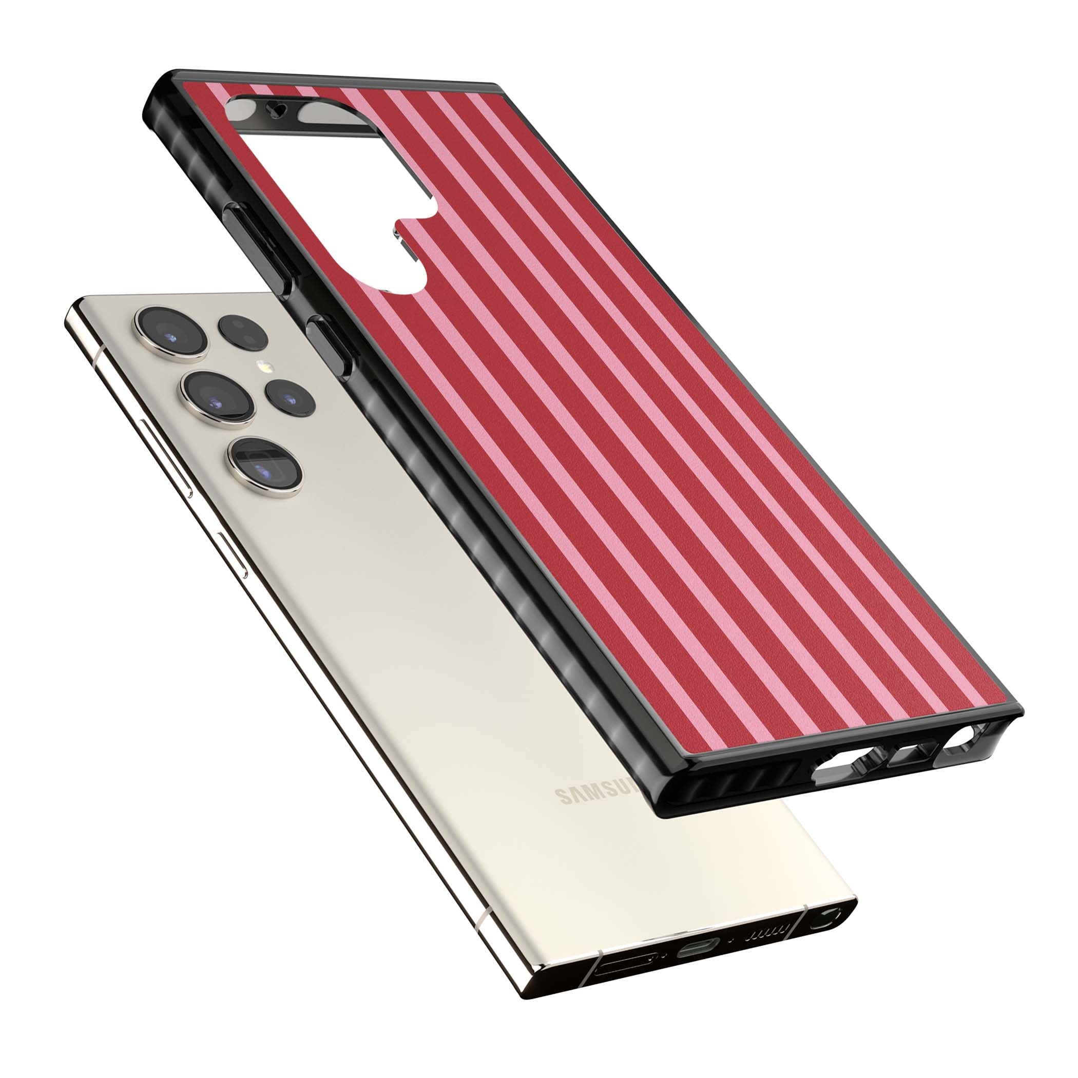 Raspberry Stripe coquette iPhone case featuring red and pink vertical stripes in a candy-inspired pattern | Black Impact case for Samsung Galaxy S24 Ultra, Samsung Galaxy S23 Ultra, Samsung Galaxy S22 Ultra