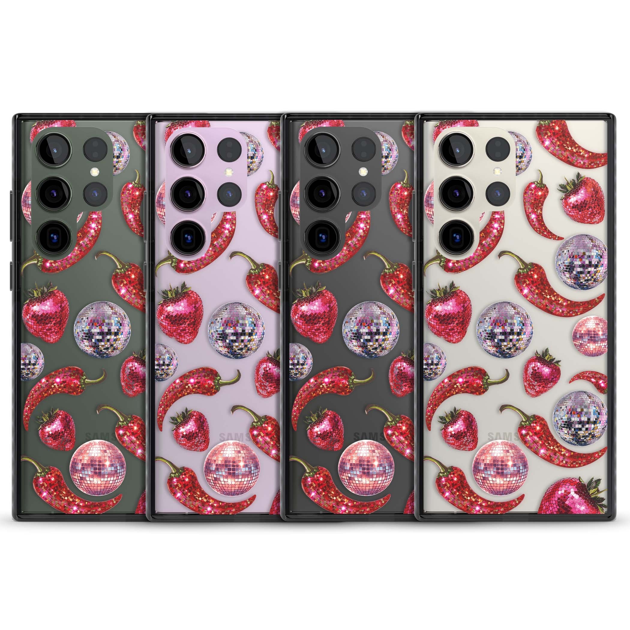 Spicy Disco Y2K iPhone case featuring glitter disco balls, sparkly strawberries and red chilli peppers | Black Impact case for Samsung Galaxy S24 Ultra, Samsung Galaxy S23 Ultra, Samsung Galaxy S22 Ultra