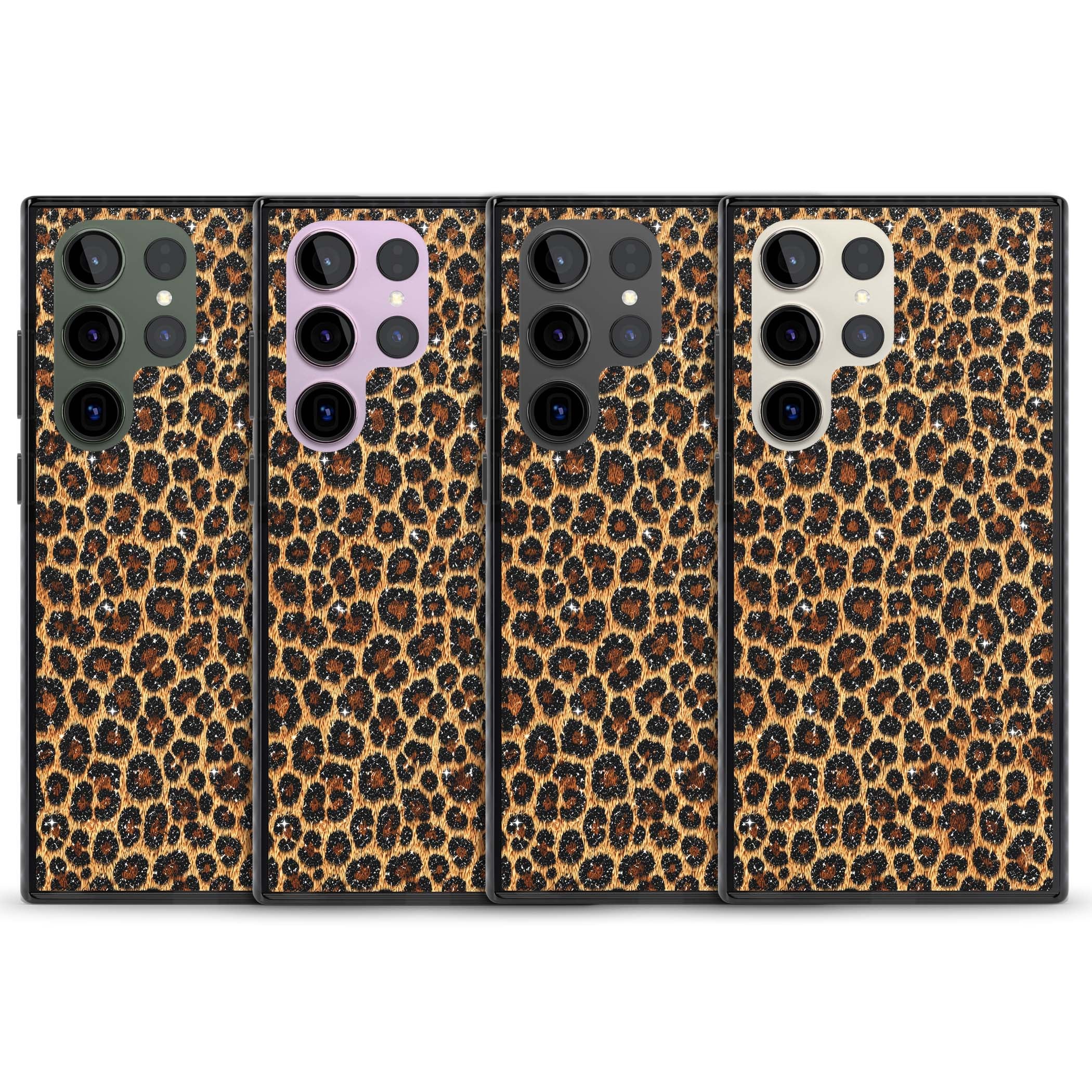 Diamond Leopard leopard print iPhone case featuring golden tan fur, black rosette spots and subtle glitter sparkle | Black Impact case for Samsung Galaxy S24 Ultra, Samsung Galaxy S23 Ultra, Samsung Galaxy S22 Ultra