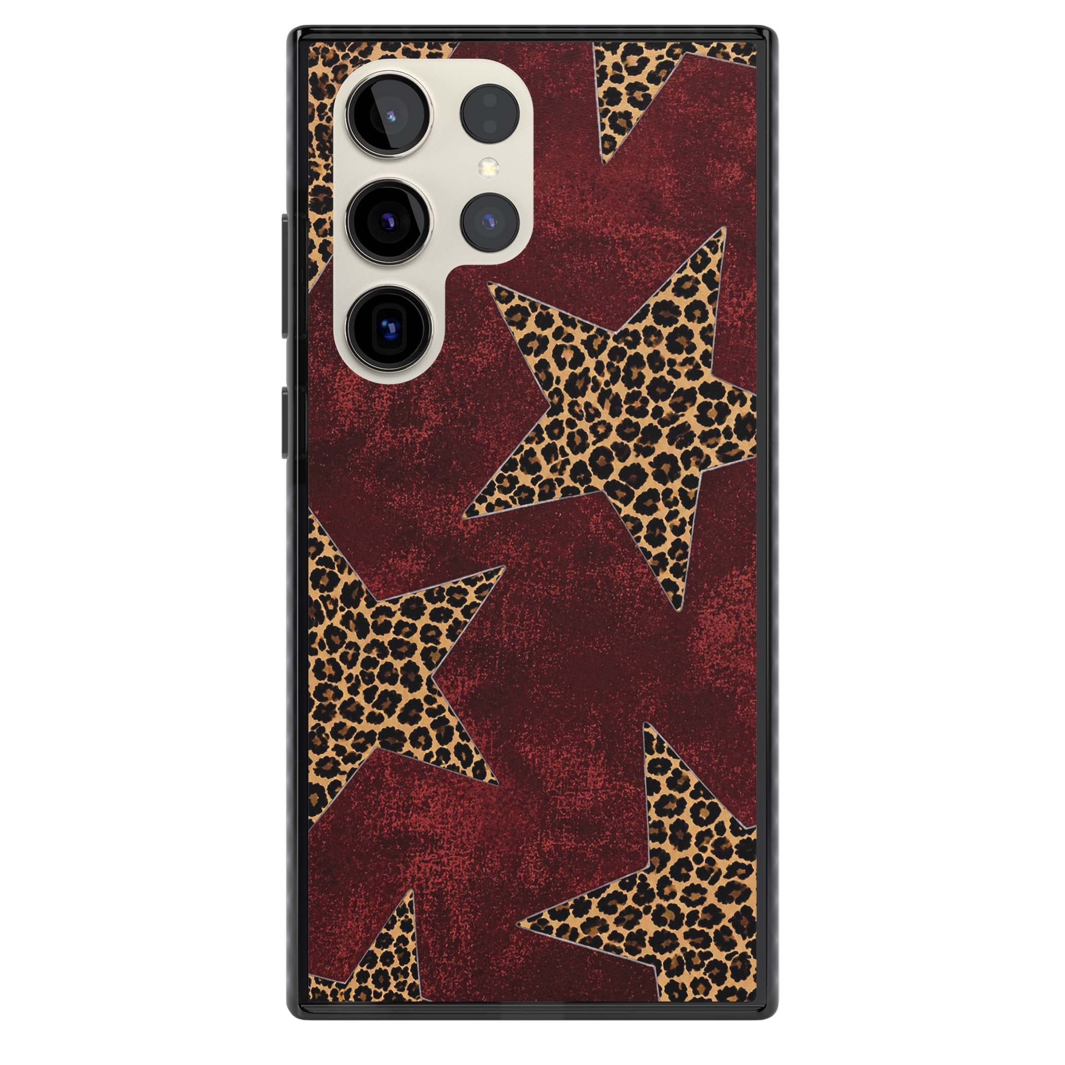 Showgirl leopard print iPhone case featuring cheetah print stars on distressed red grunge background | Black Impact case for Samsung Galaxy S24 Ultra, Samsung Galaxy S23 Ultra, Samsung Galaxy S22 Ultra