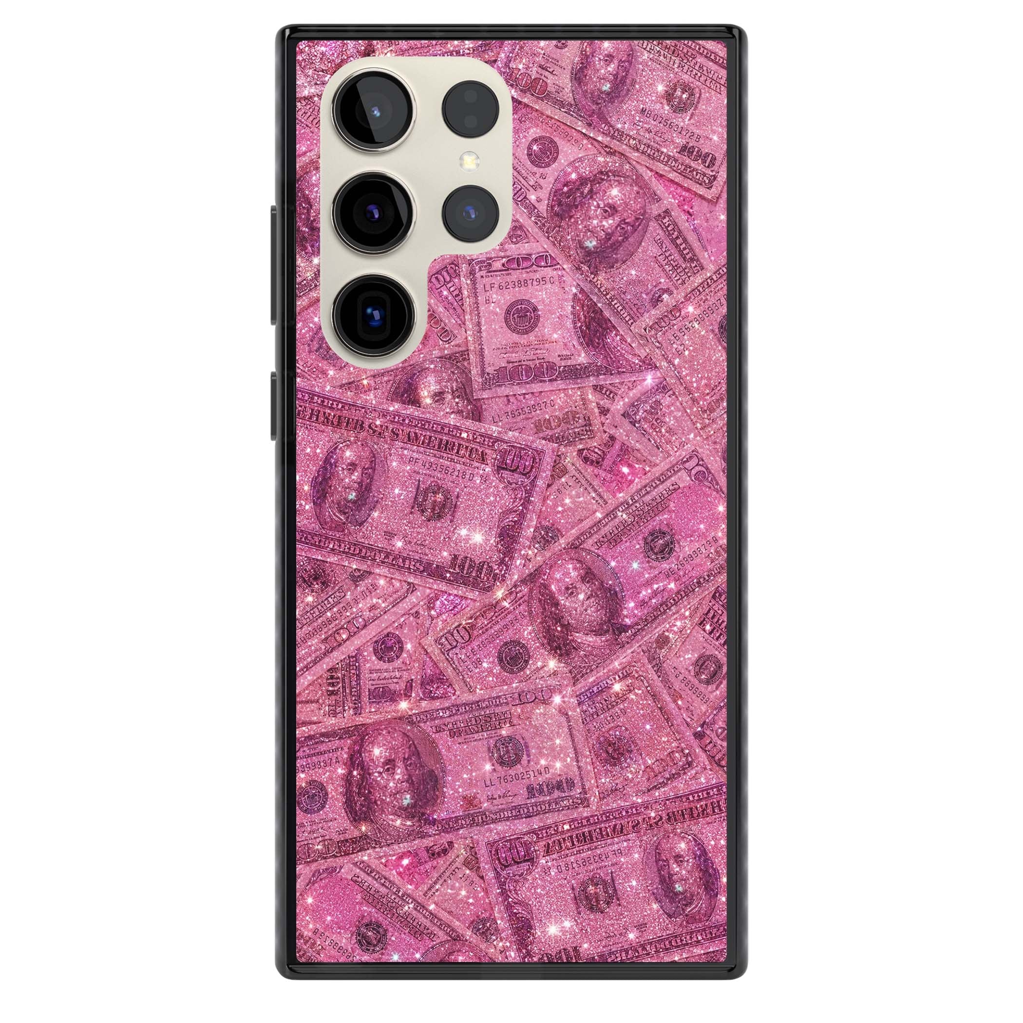 Glamorous baddie iPhone case featuring pink glitter hundred dollar bills and sparkling money wallpaper design | Black Impact case for Samsung Galaxy S24 Ultra, Samsung Galaxy S23 Ultra, Samsung Galaxy S22 Ultra