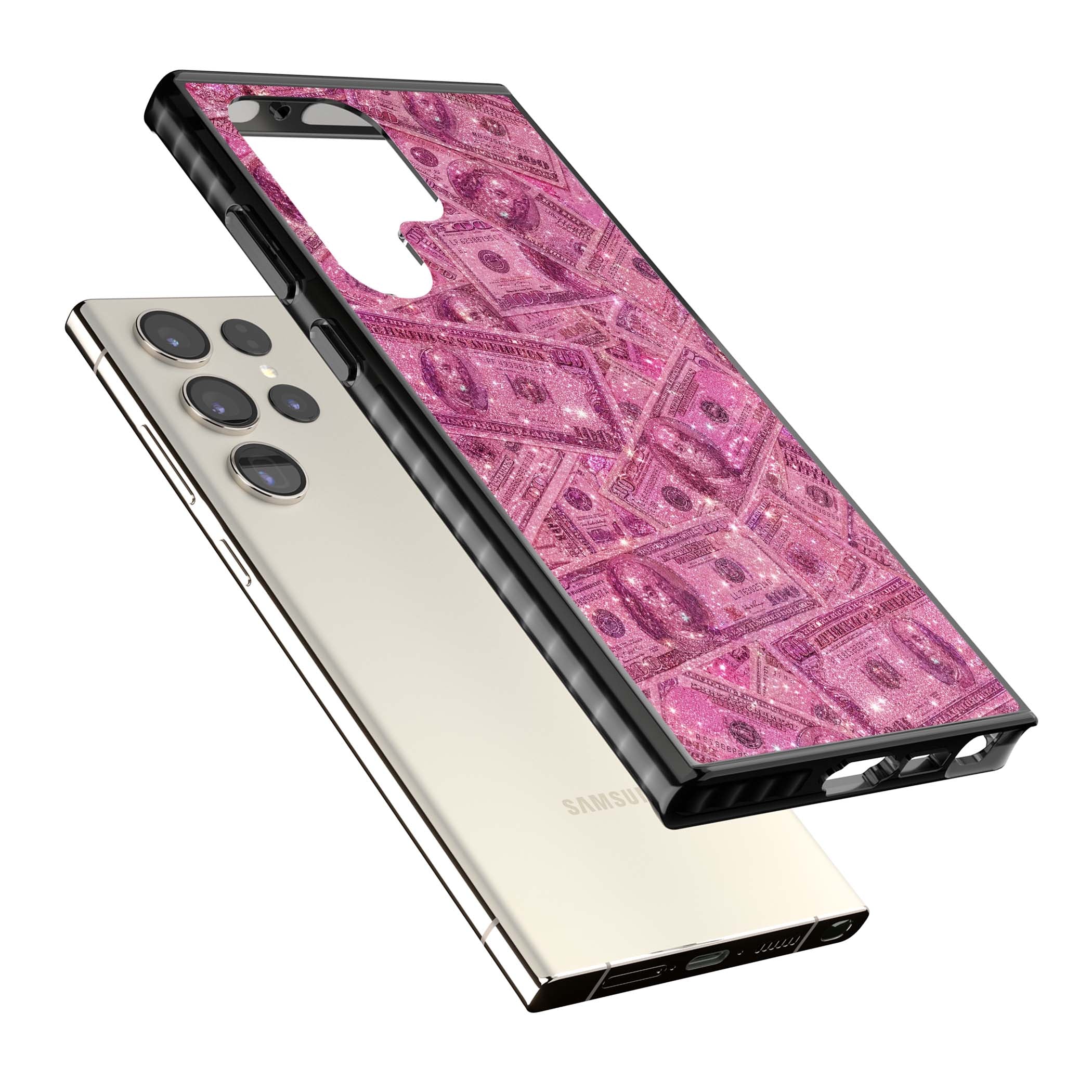 Glamorous baddie iPhone case featuring pink glitter hundred dollar bills and sparkling money wallpaper design | Black Impact case for Samsung Galaxy S24 Ultra, Samsung Galaxy S23 Ultra, Samsung Galaxy S22 Ultra