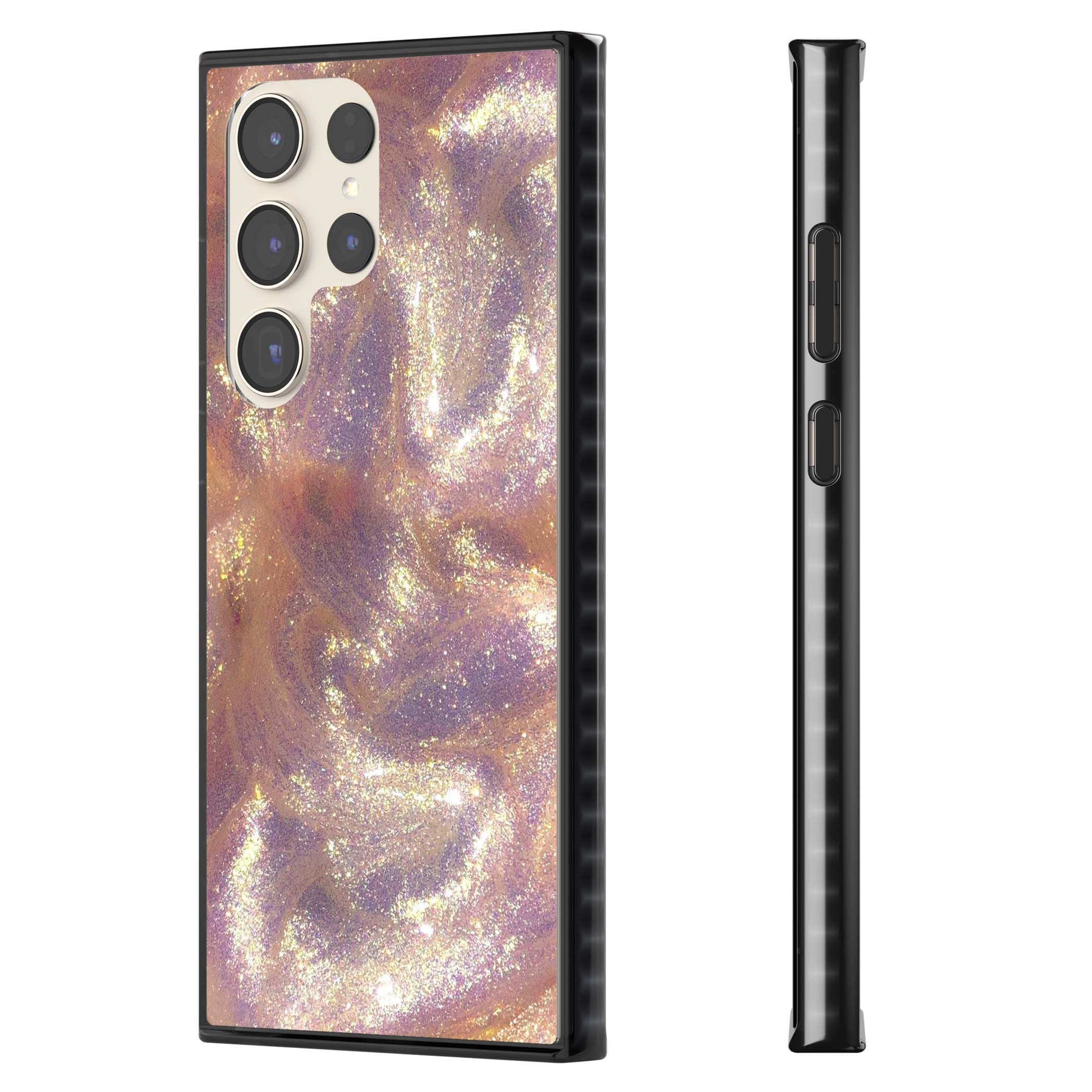 Shimmer marble iPhone case featuring rose gold glitter swirls, lilac shimmer and iridescent pearl finish | Black Impact case for Samsung Galaxy S24 Ultra, Samsung Galaxy S23 Ultra, Samsung Galaxy S22 Ultra
