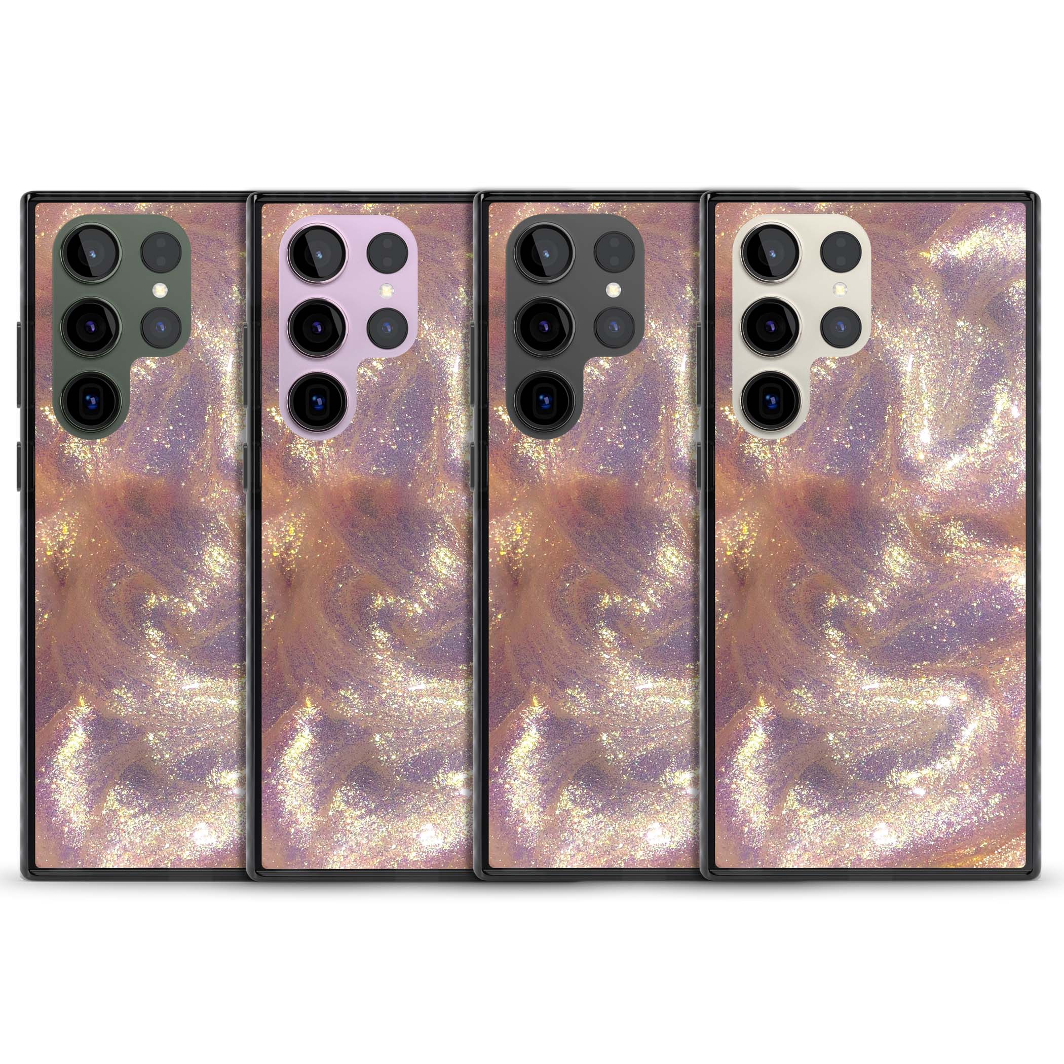 Shimmer marble iPhone case featuring rose gold glitter swirls, lilac shimmer and iridescent pearl finish | Black Impact case for Samsung Galaxy S24 Ultra, Samsung Galaxy S23 Ultra, Samsung Galaxy S22 Ultra