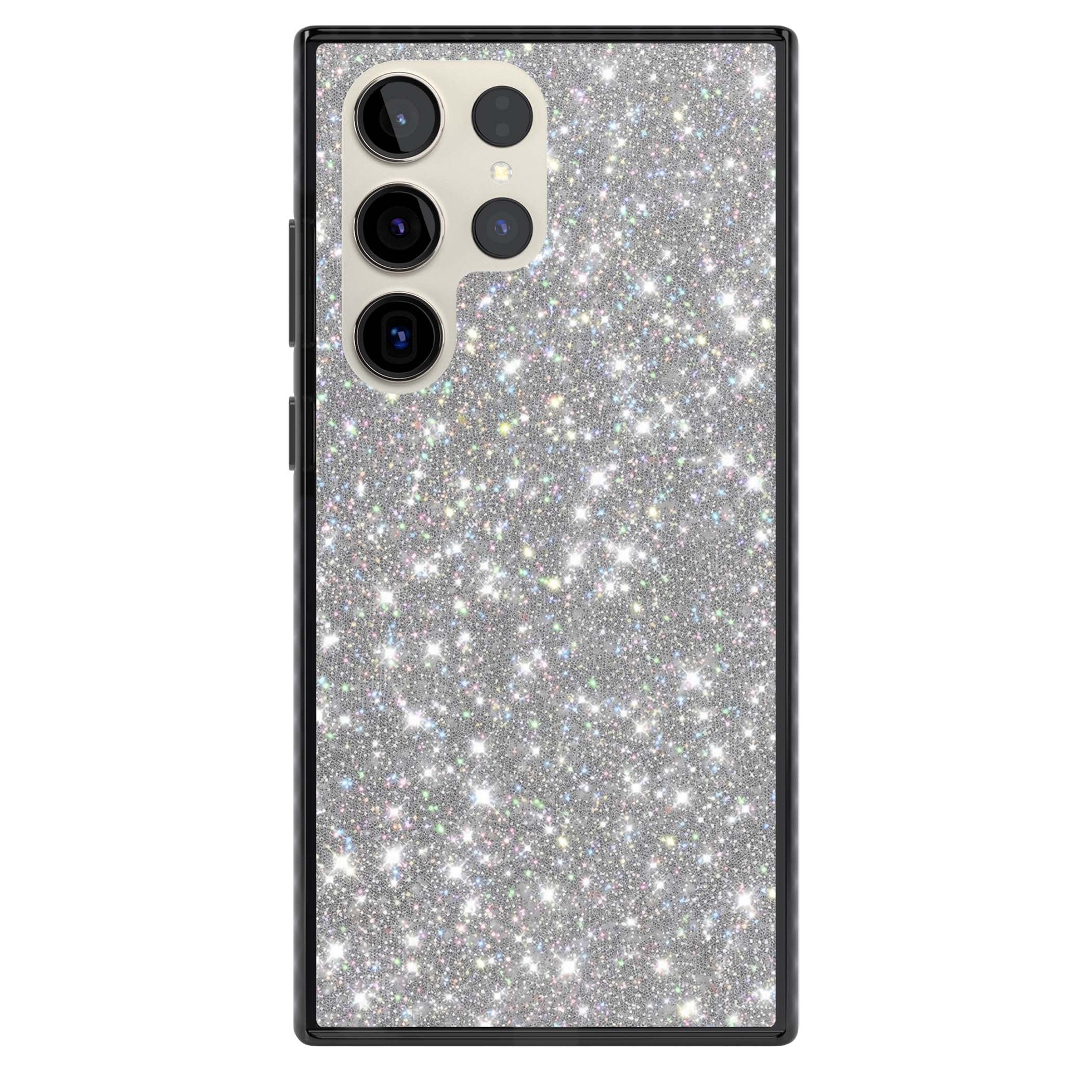 Diamond glam iPhone case featuring silver glitter sparkle and shimmering diamond dust effect | Black Impact case for Samsung Galaxy S24 Ultra, Samsung Galaxy S23 Ultra, Samsung Galaxy S22 Ultra
