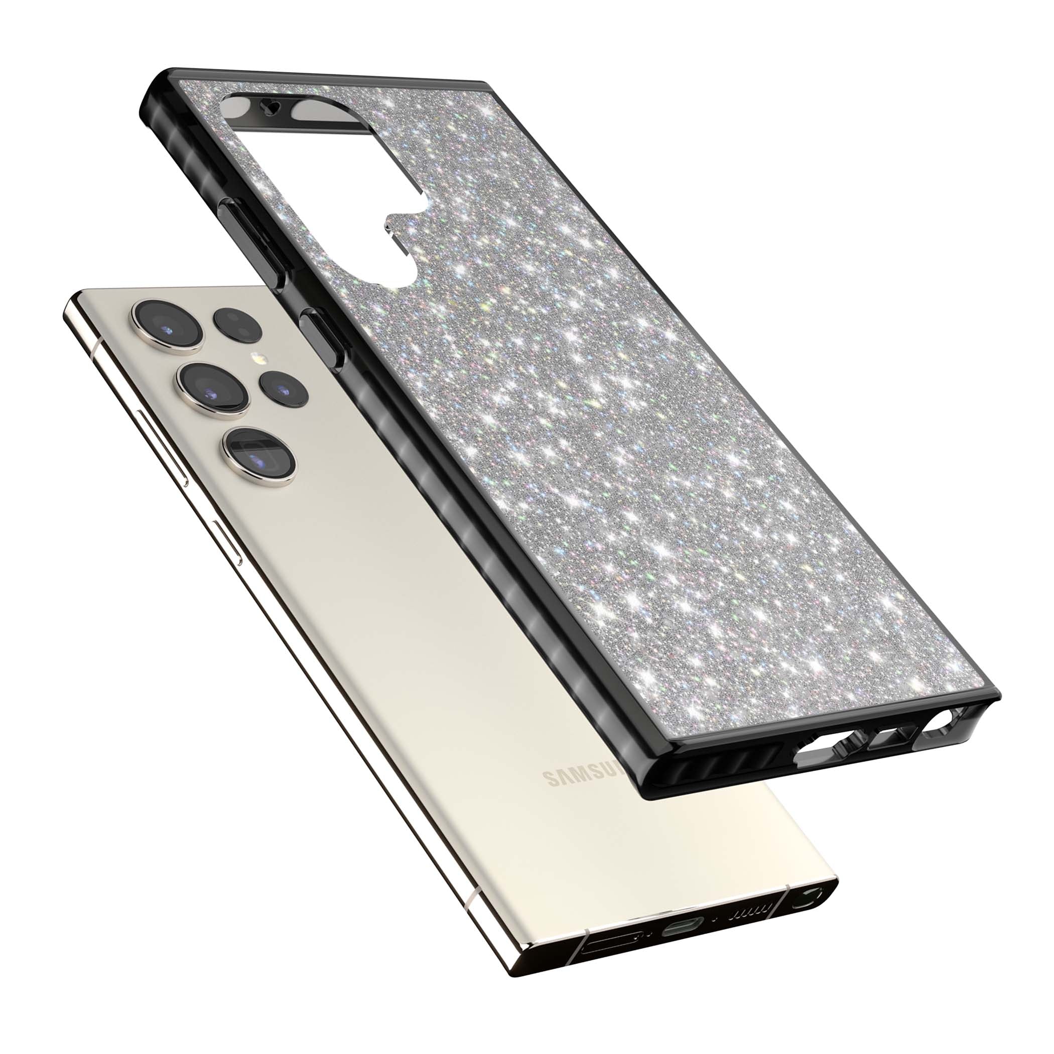 Diamond glam iPhone case featuring silver glitter sparkle and shimmering diamond dust effect | Black Impact case for Samsung Galaxy S24 Ultra, Samsung Galaxy S23 Ultra, Samsung Galaxy S22 Ultra