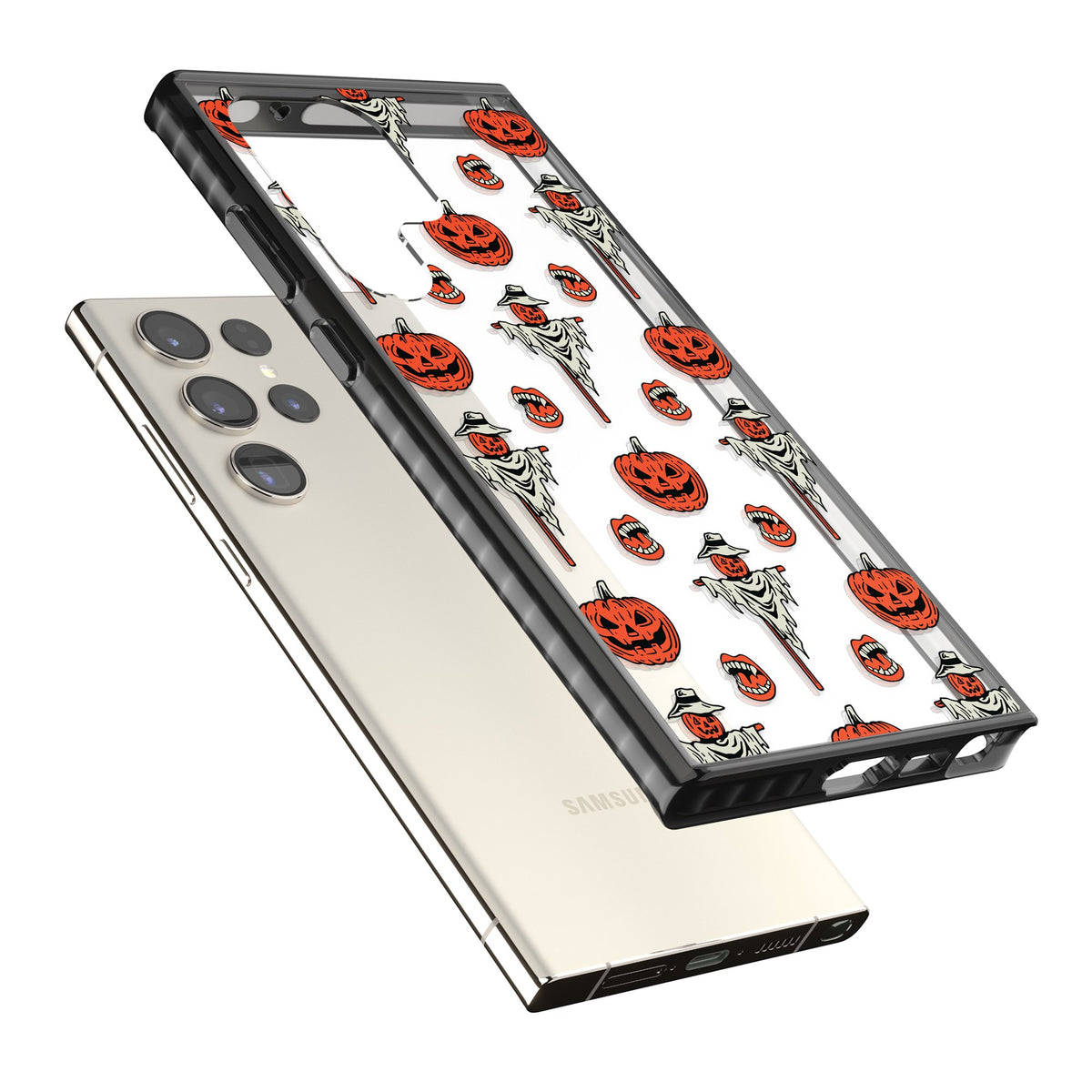 Retro Red Pumpkins & Scarecrows Samsung S22 Ultra / Samsung S23 Ultra / Samsung S24 Ultra Impact Black Phone Case angled