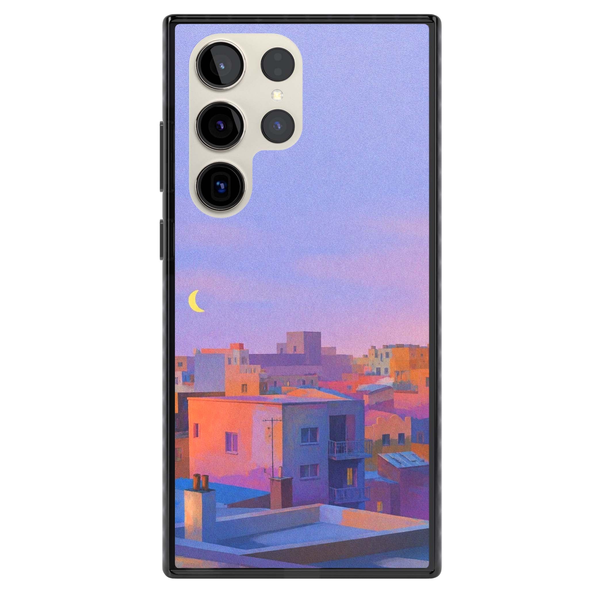 Twilight Rooftops vaporwave iPhone case featuring a pastel sunset cityscape, painted rooftops and a crescent moon. | Black Impact case for Samsung Galaxy S24 Ultra, Samsung Galaxy S23 Ultra, Samsung Galaxy S22 Ultra