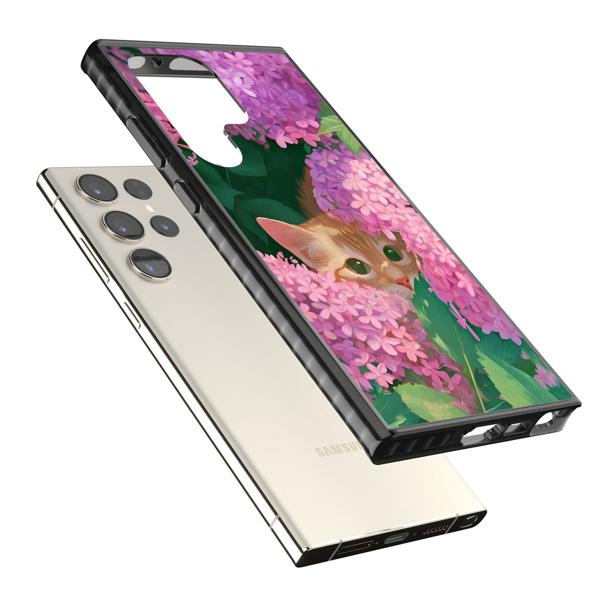 Cat In Pink Flowers Samsung S22 Ultra / Samsung S23 Ultra / Samsung S24 Ultra Impact Black Phone Case angled