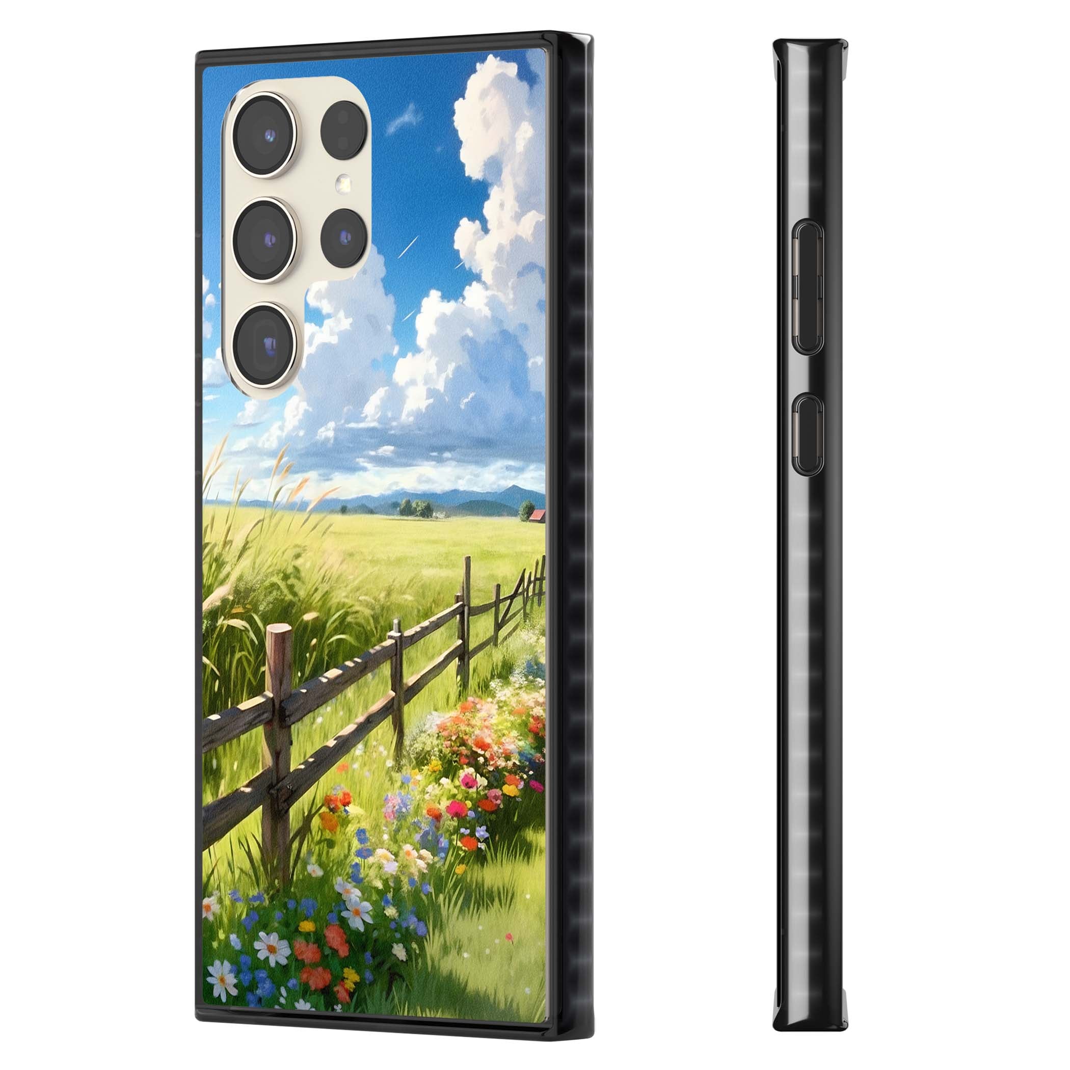 A Countryside Afternoon cottagecore iPhone case featuring a painted countryside meadow, wooden fence, and wildflowers beneath | Black Impact case for Samsung Galaxy S24 Ultra, Samsung Galaxy S23 Ultra, Samsung Galaxy S22 Ultra