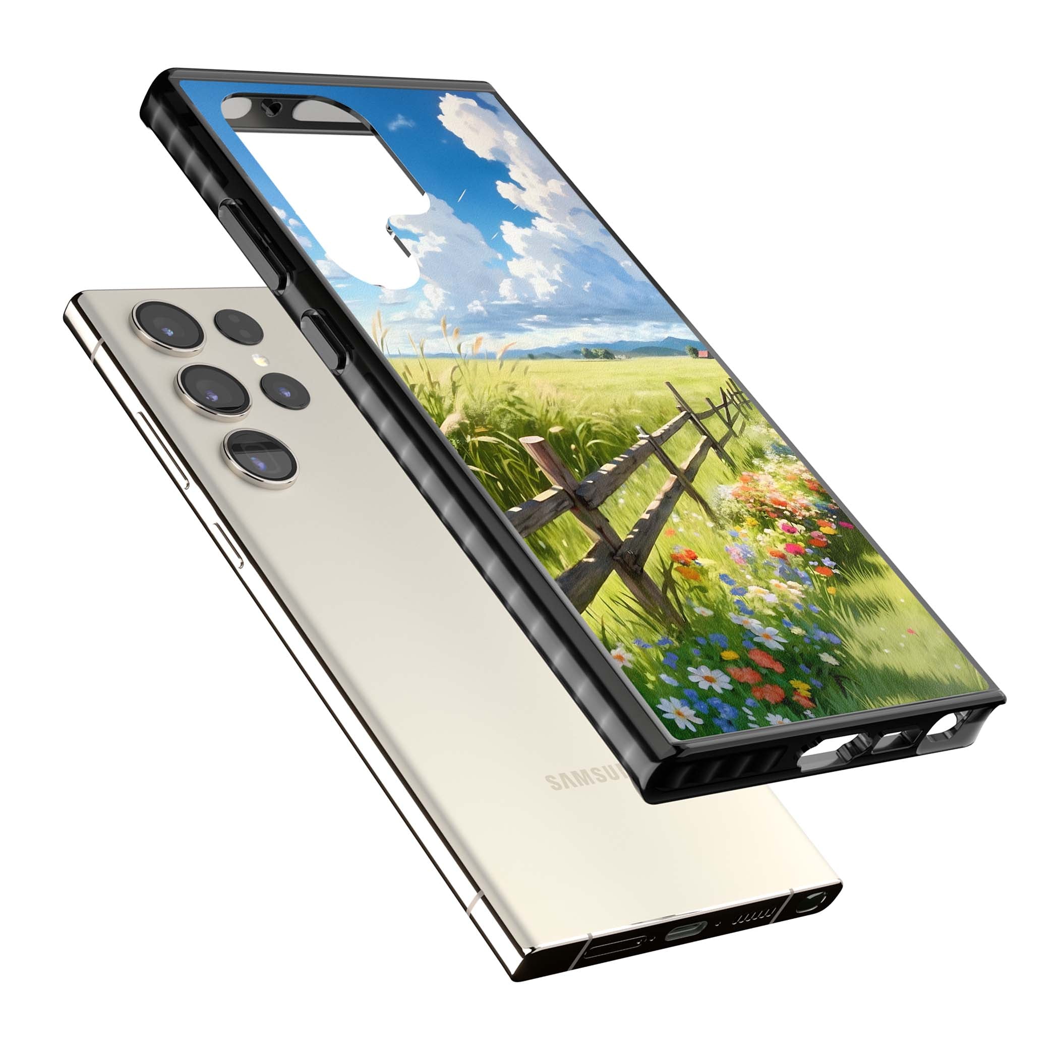 A Countryside Afternoon cottagecore iPhone case featuring a painted countryside meadow, wooden fence, and wildflowers beneath | Black Impact case for Samsung Galaxy S24 Ultra, Samsung Galaxy S23 Ultra, Samsung Galaxy S22 Ultra