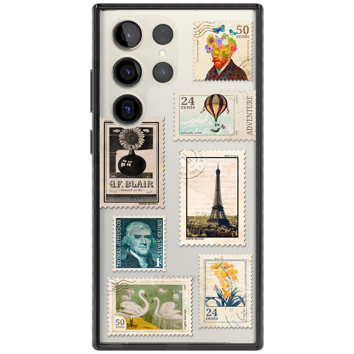 Vintage Stamps Samsung S22 Ultra / Samsung S23 Ultra / Samsung S24 Ultra Impact Black Phone Case front