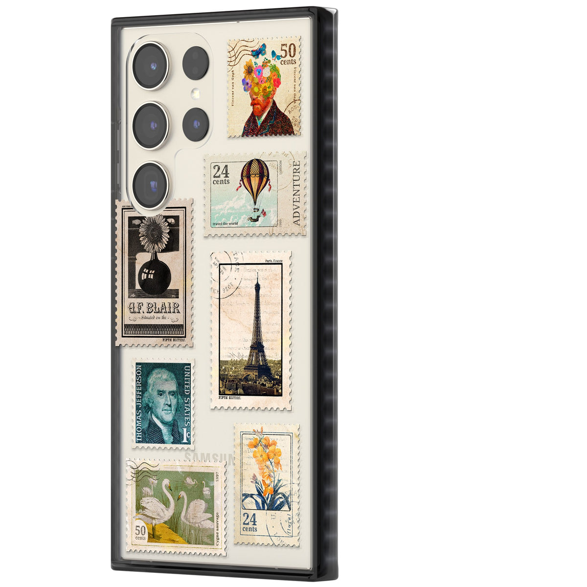 Vintage Stamps Samsung S22 Ultra / Samsung S23 Ultra / Samsung S24 Ultra Impact Black Phone Case side