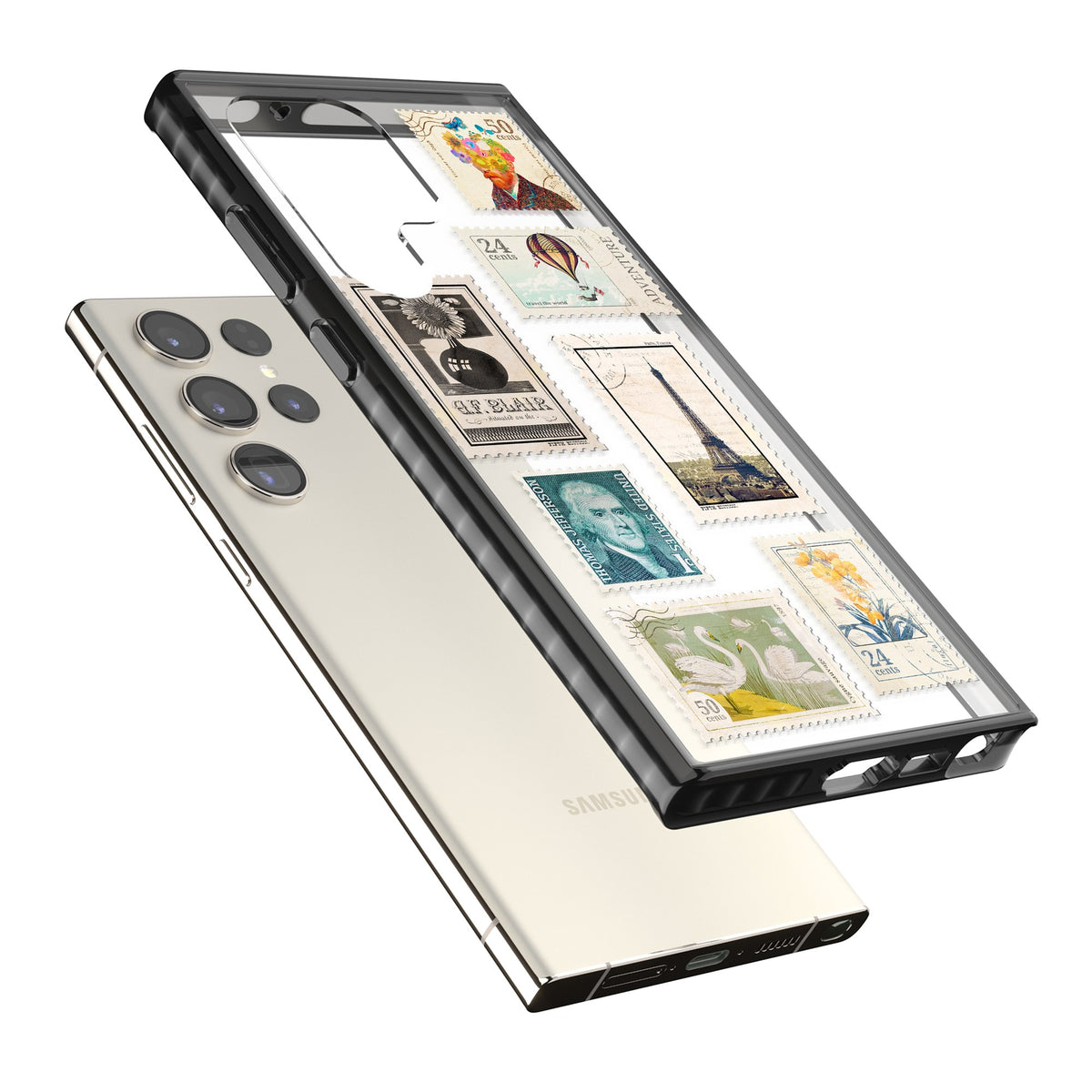 Vintage Stamps Samsung S22 Ultra / Samsung S23 Ultra / Samsung S24 Ultra Impact Black Phone Case angled