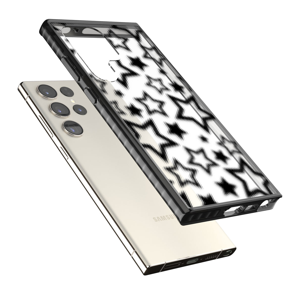 Black Halftone Stars (Clear) Samsung S22 Ultra / Samsung S23 Ultra / Samsung S24 Ultra Impact Black Phone Case angled