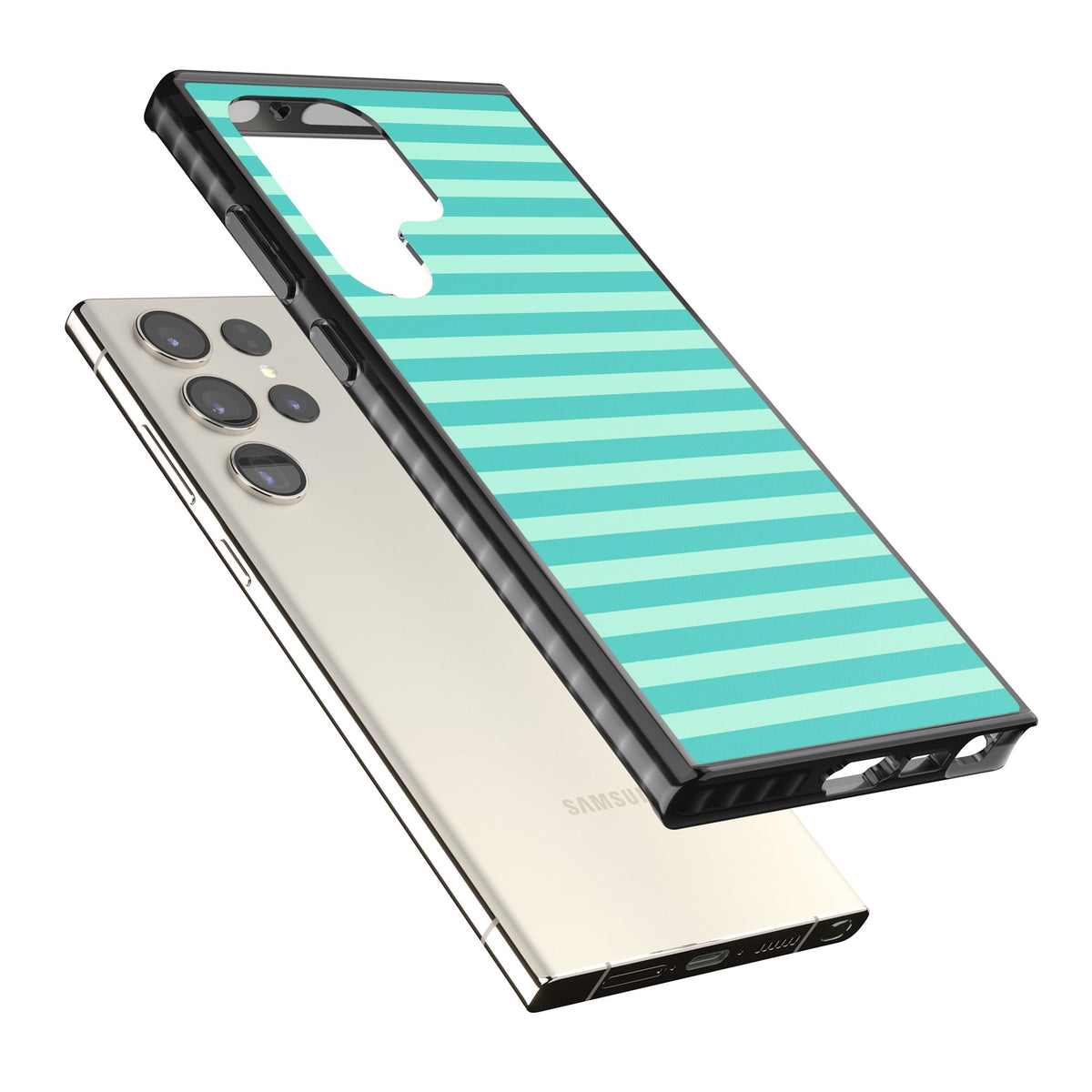 Turquoise Stripe preppy iPhone case featuring horizontal teal and mint green stripes on a black protective frame Samsung S22 Ultra / Samsung S23 Ultra / Samsung S24 Ultra Impact Black Phone Case angled