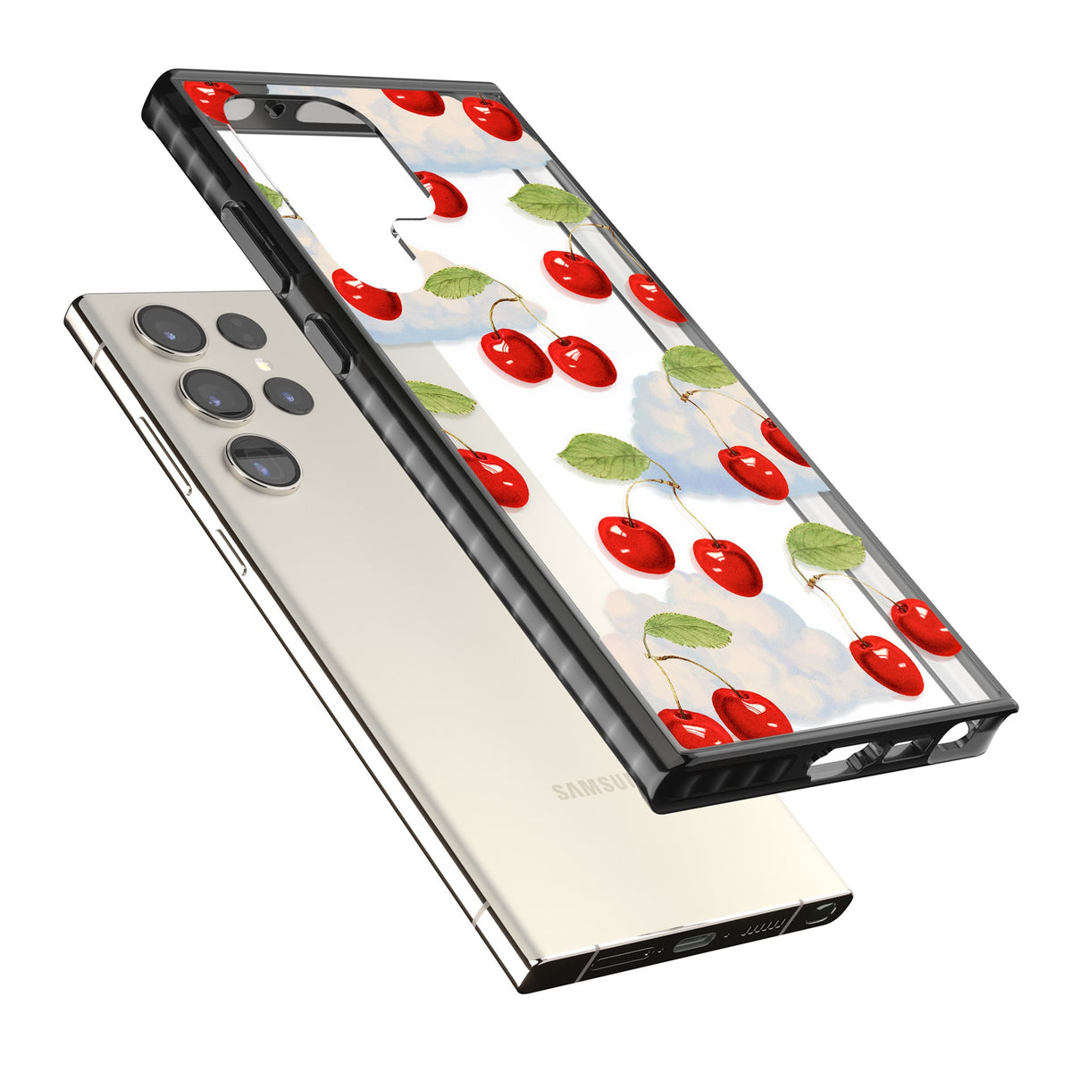 Vintage Cherries & Clouds Samsung S22 Ultra / Samsung S23 Ultra / Samsung S24 Ultra Impact Black Phone Case angled
