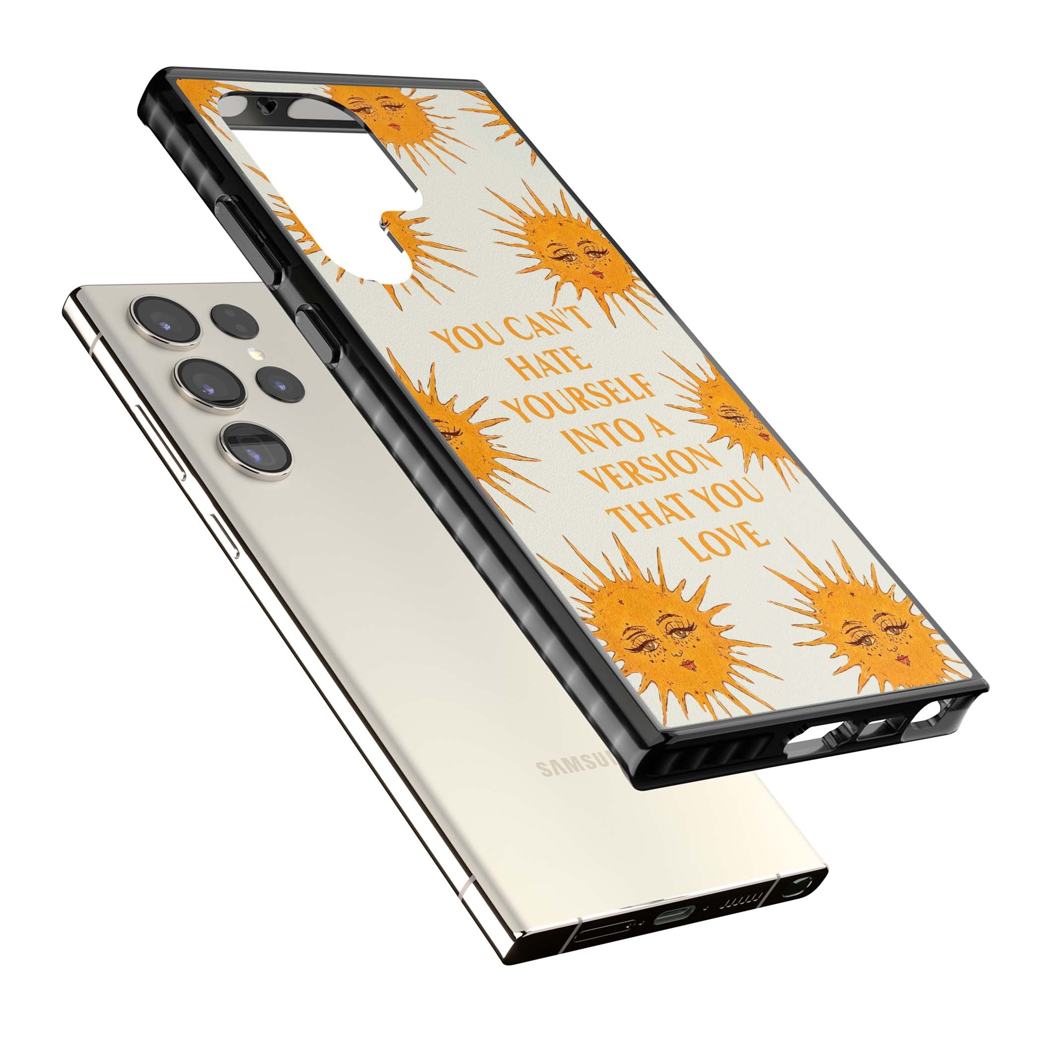 Don't Hate Yourself celestial iPhone case featuring vintage sun faces, ochre rays and a self-love quote | Black Impact case for Samsung Galaxy S24 Ultra, Samsung Galaxy S23 Ultra, Samsung Galaxy S22 Ultra