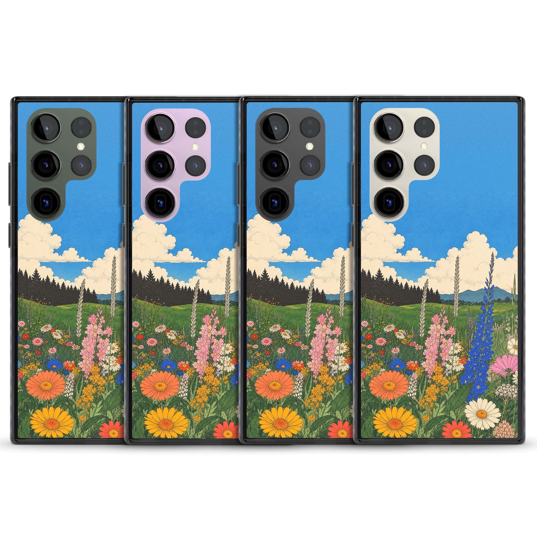 Wildbloom wildflower iPhone case featuring a vintage Japanese-style meadow landscape with daisies, delphiniums and moun | Black Impact case for Samsung Galaxy S24 Ultra, Samsung Galaxy S23 Ultra, Samsung Galaxy S22 Ultra