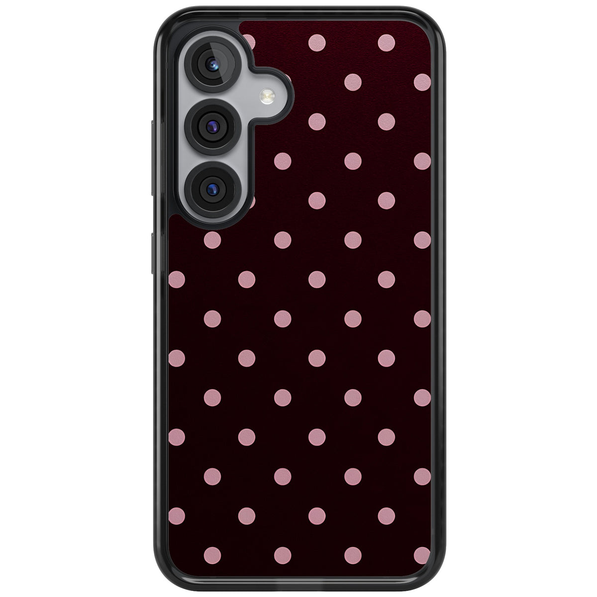 Merlot Dots polka dot iPhone case featuring dusty pink spots on a deep burgundy background in a retro grid Samsung S25 Impact Black Phone Case front
