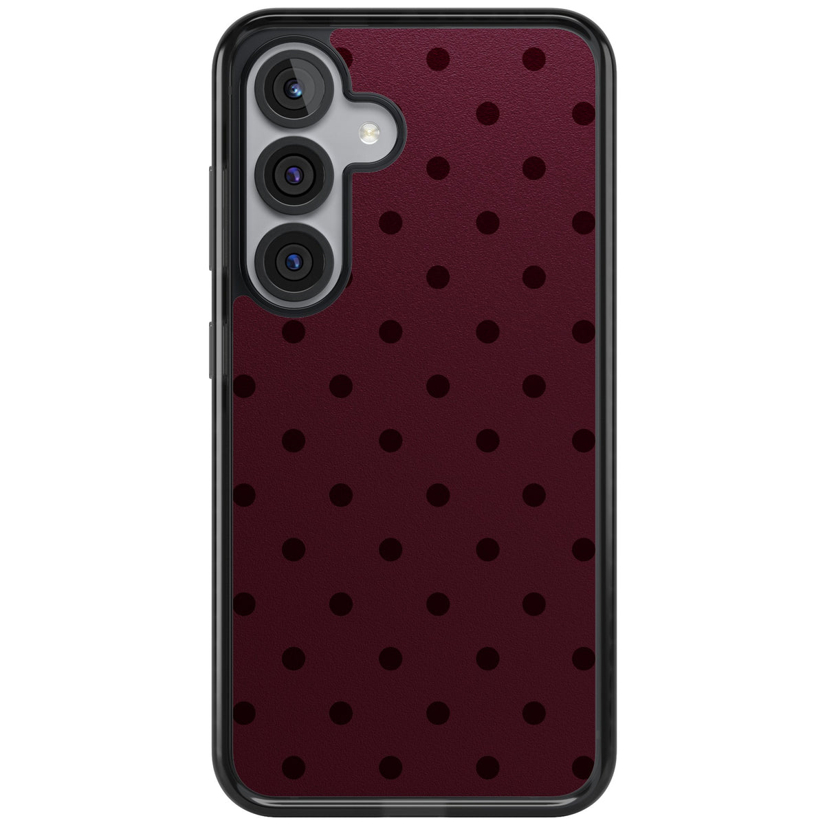 Burgundy Polka Dot minimalist iPhone case featuring black polka dots on a deep burgundy wine red background Samsung S25 Impact Black Phone Case front