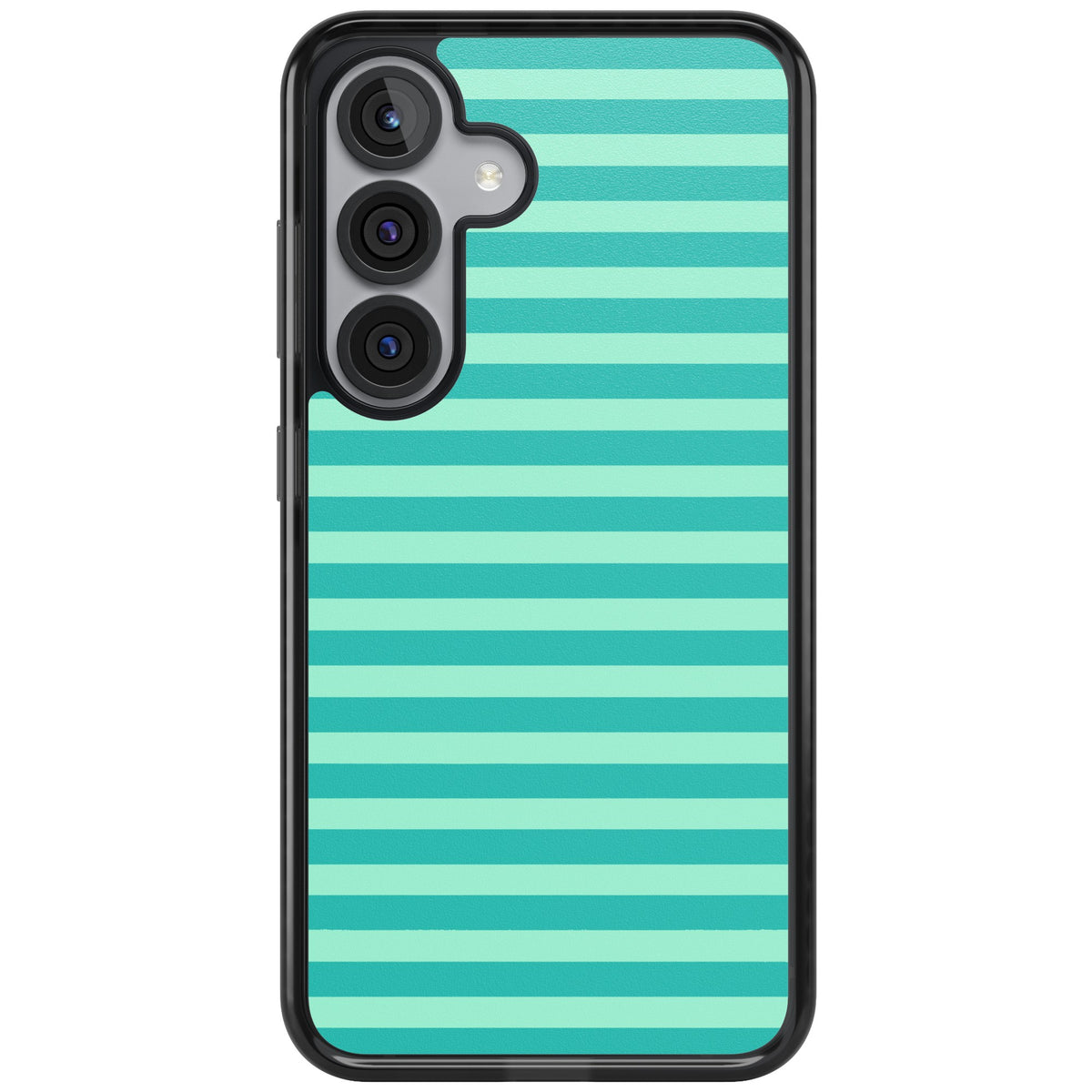 Turquoise Stripe preppy iPhone case featuring horizontal teal and mint green stripes on a black protective frame Samsung S25 Impact Black Phone Case front
