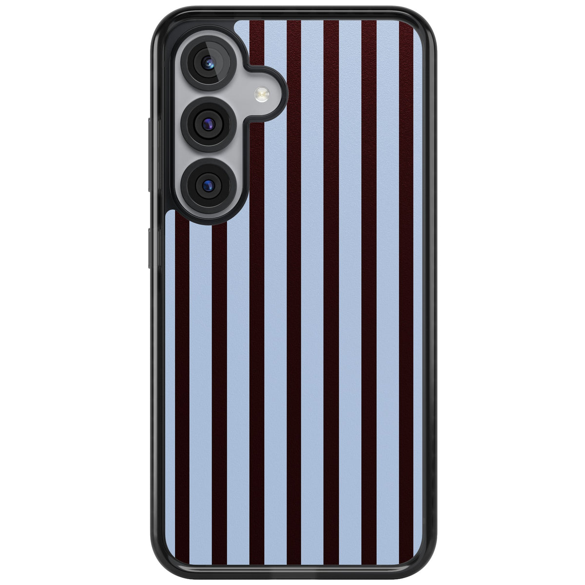 Blackcurrant Stripe preppy iPhone case featuring vertical burgundy and light blue stripes in a classic pinstripe layout Samsung S25 Impact Black Phone Case front