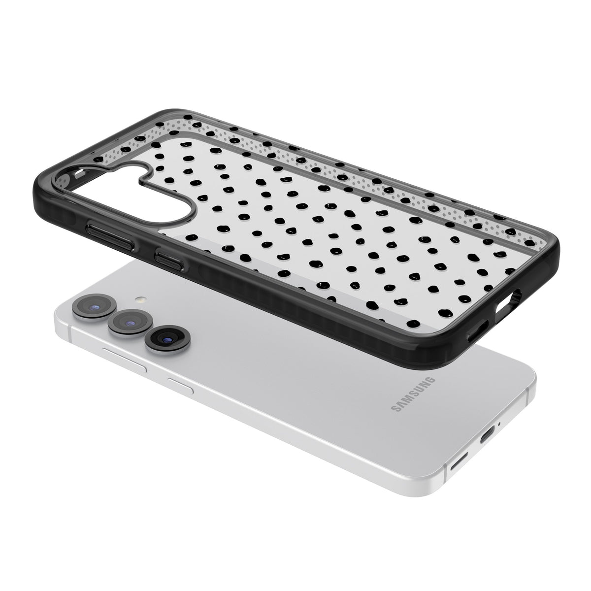 Messy Black Dot Pattern Samsung S25 / Samsung S25 Plus / Samsung S26 / Samsung S26 Plus Impact Black Phone Case angled