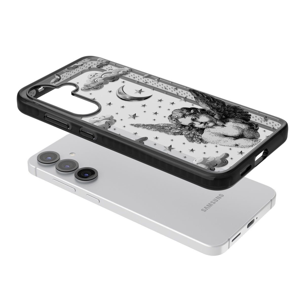 Celestial Cherub Samsung S25 / Samsung S25 Plus / Samsung S26 / Samsung S26 Plus Impact Black Phone Case angled