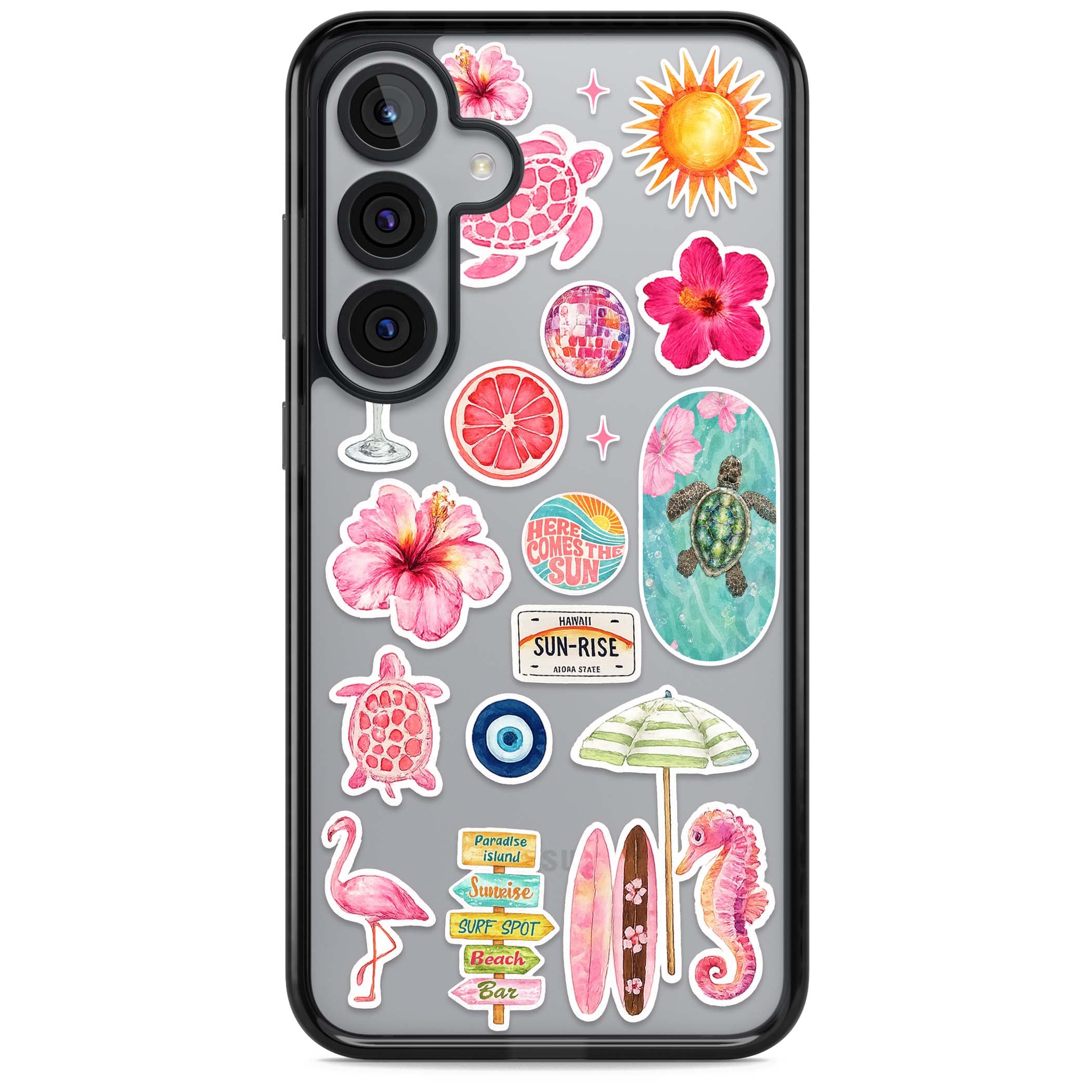 Aloha Sticker Mix tropical summer iPhone case featuring pink hibiscus, sea turtles, flamingo and beach umbrella stickers | Black Impact case for Samsung Galaxy S25, Samsung Galaxy S25 Plus