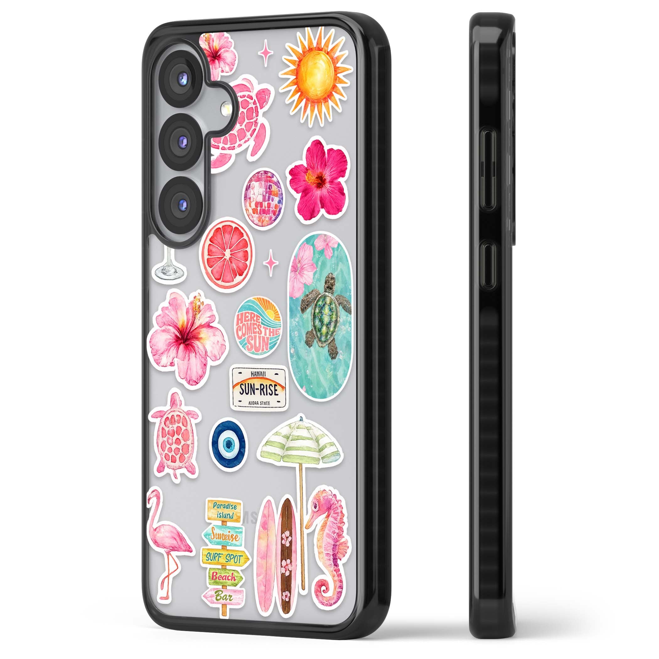 Aloha Sticker Mix tropical summer iPhone case featuring pink hibiscus, sea turtles, flamingo and beach umbrella stickers | Black Impact case for Samsung Galaxy S25, Samsung Galaxy S25 Plus