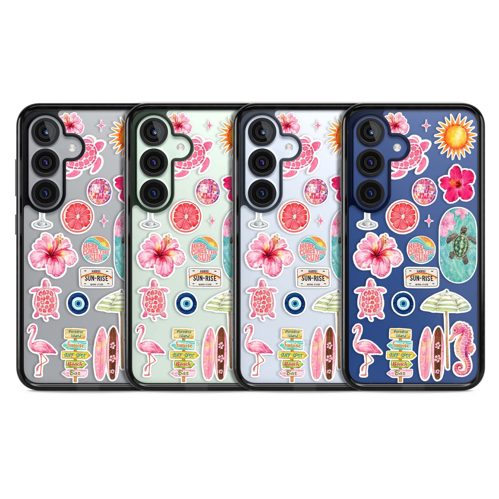 Aloha Sticker Mix tropical summer iPhone case featuring pink hibiscus, sea turtles, flamingo and beach umbrella stickers | Black Impact case for Samsung Galaxy S25, Samsung Galaxy S25 Plus