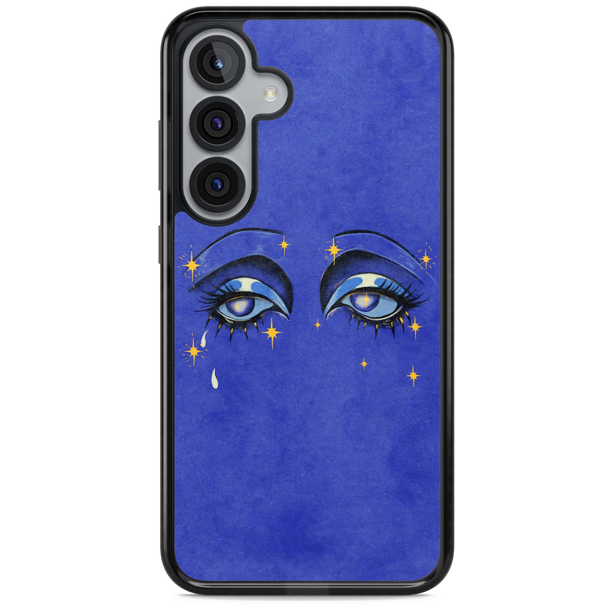 Blue Mystic Eyes celestial iPhone case featuring hand drawn blue mystical eyes, golden stars and a painted tear on indigo | Black Impact case for Samsung Galaxy S25, Samsung Galaxy S25 Plus