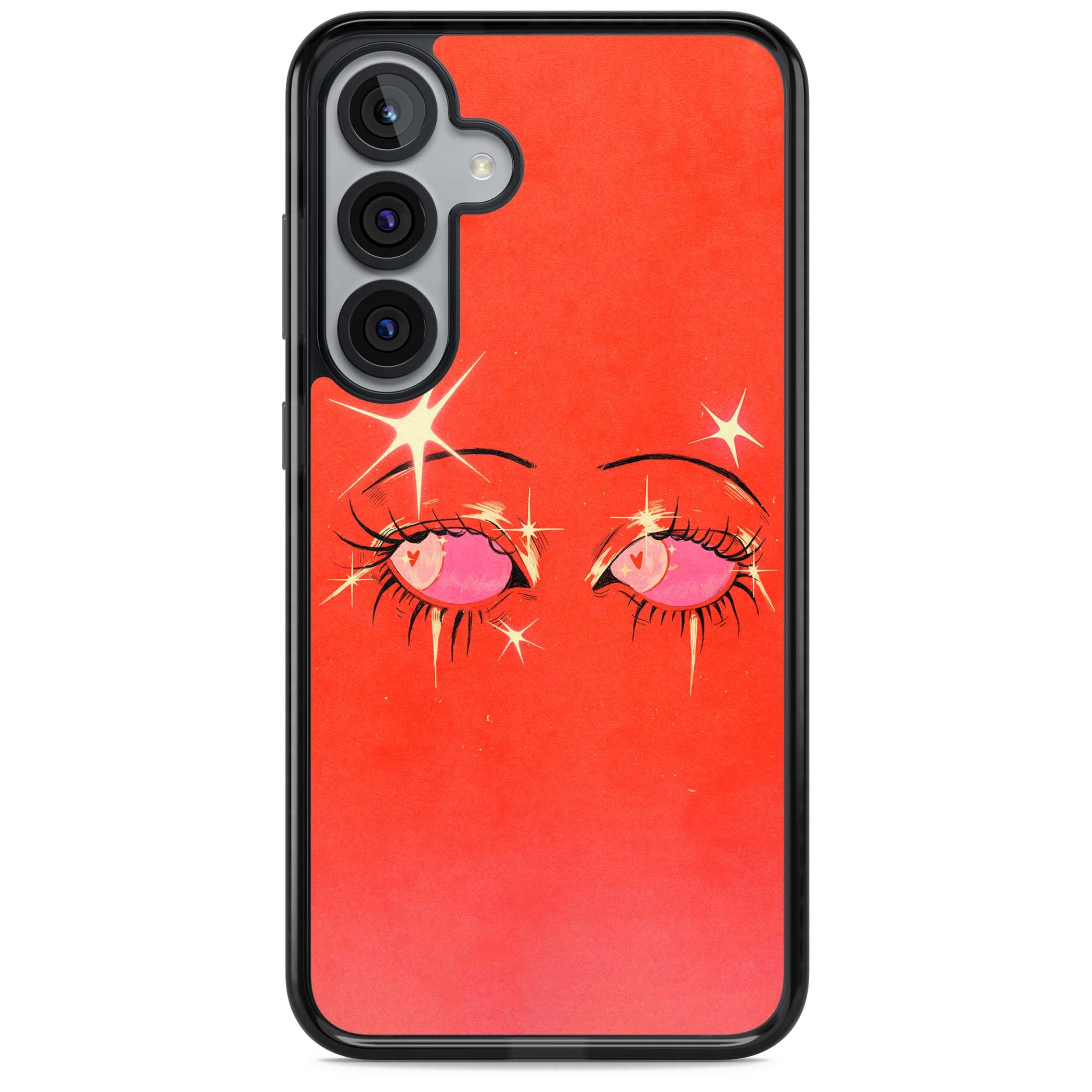 Pink Ethereal Eyes anime iPhone case featuring hand-drawn sparkly eyes with pink hearts and gold stars on red | Black Impact case for Samsung Galaxy S25, Samsung Galaxy S25 Plus