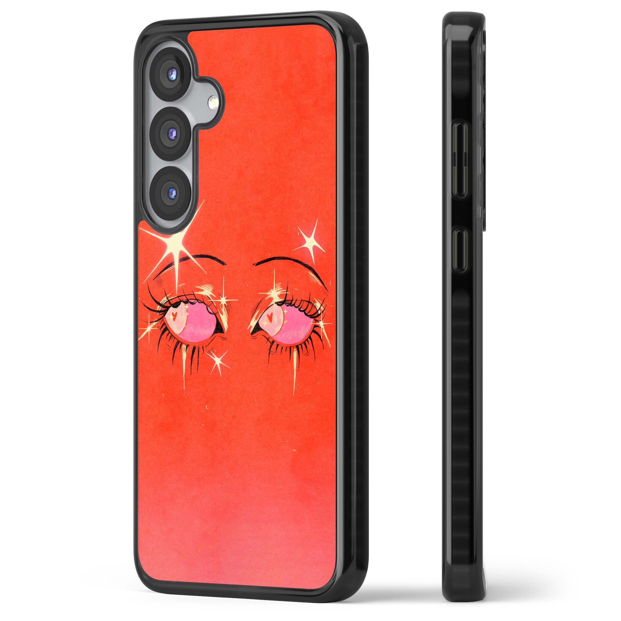 Pink Ethereal Eyes anime iPhone case featuring hand-drawn sparkly eyes with pink hearts and gold stars on red | Black Impact case for Samsung Galaxy S25, Samsung Galaxy S25 Plus